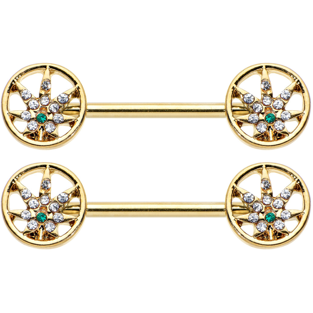 14G 9/16 Clear Green Gem Gold Hue Pot Leaf Circle Nipple Ring Set