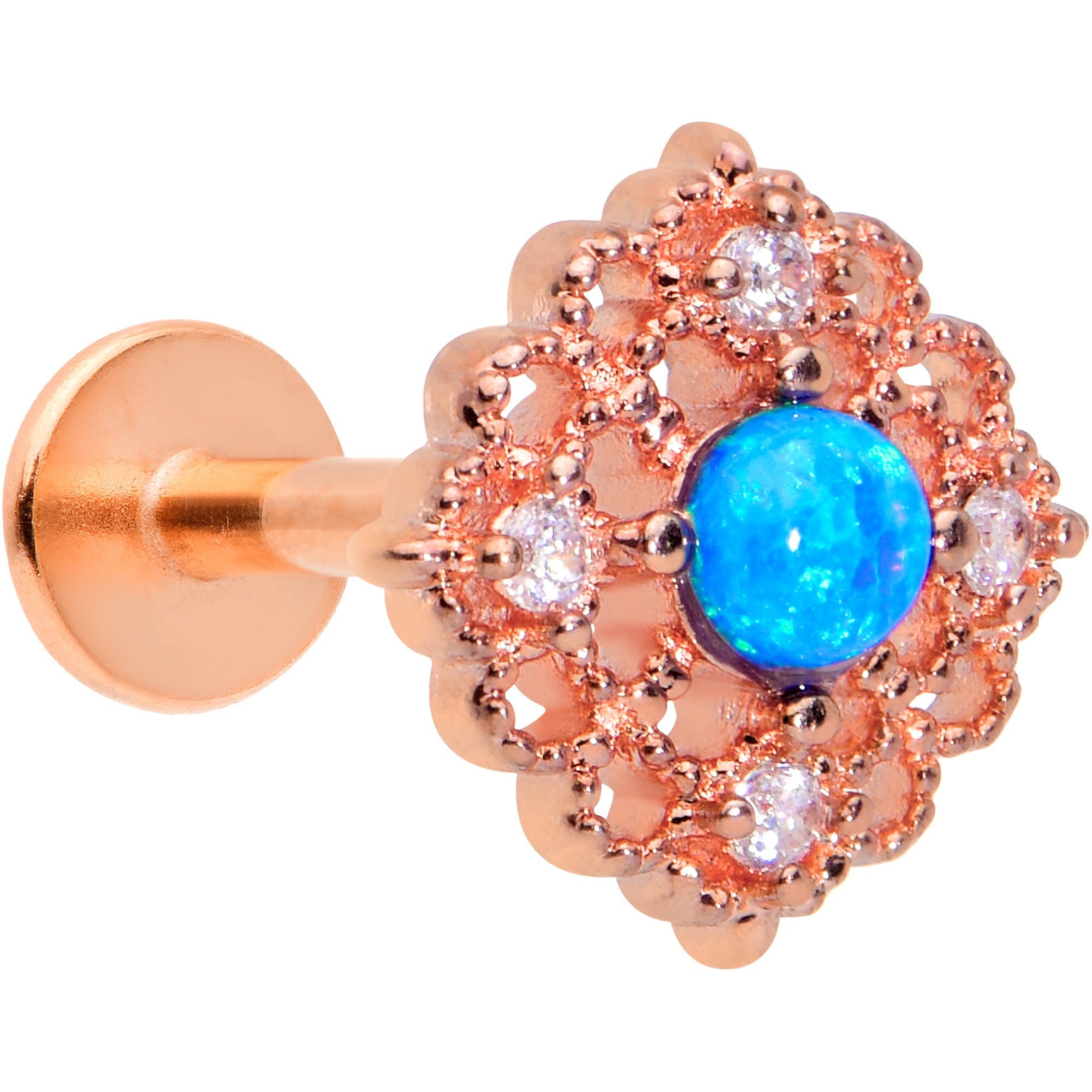 16G 5/16 Blue Synth Opal Rose Gold Tone Lacy Labret Monroe Tragus