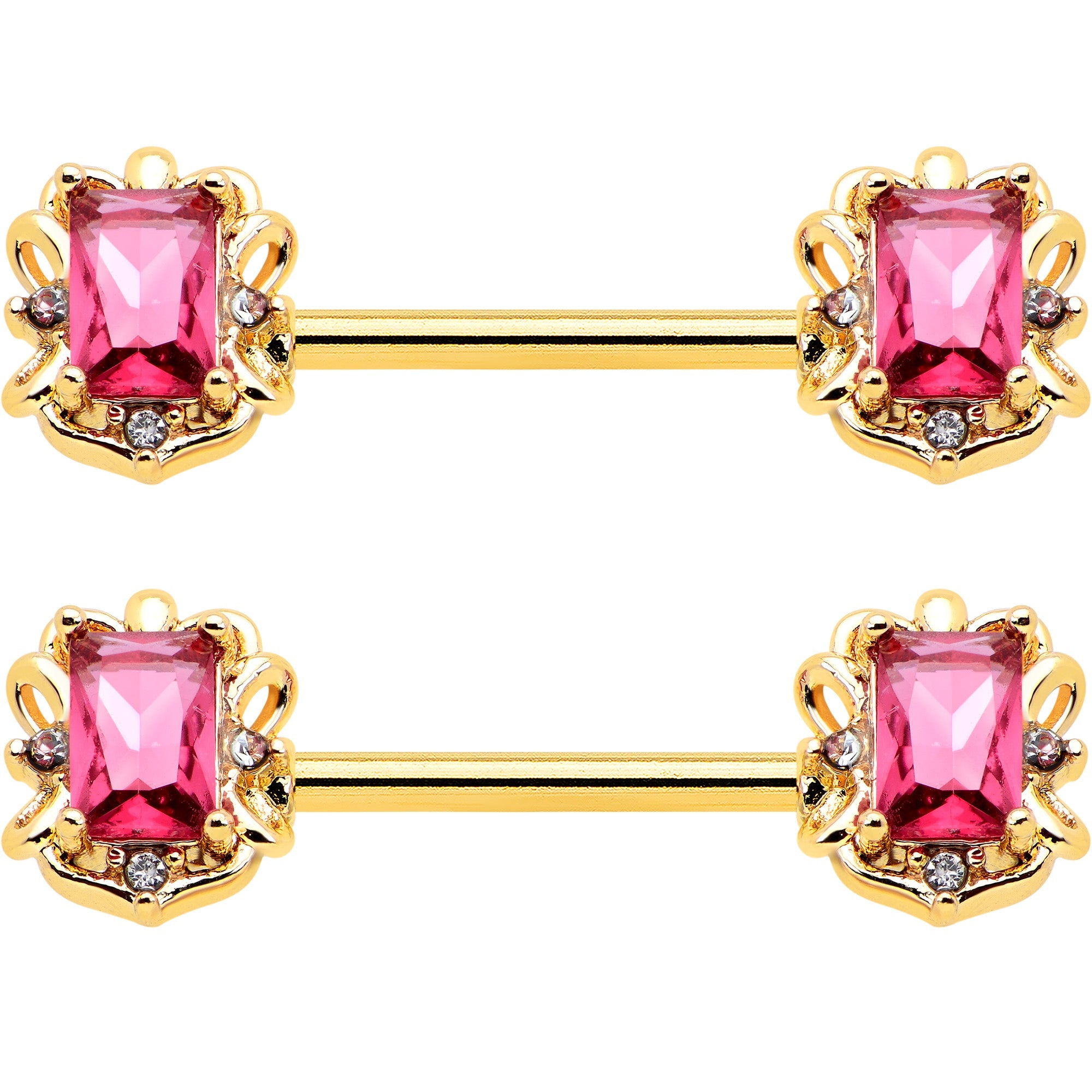 14G 9/16 Red Gem Gold Hue Regal Escutcheon Barbell Nipple Ring Set