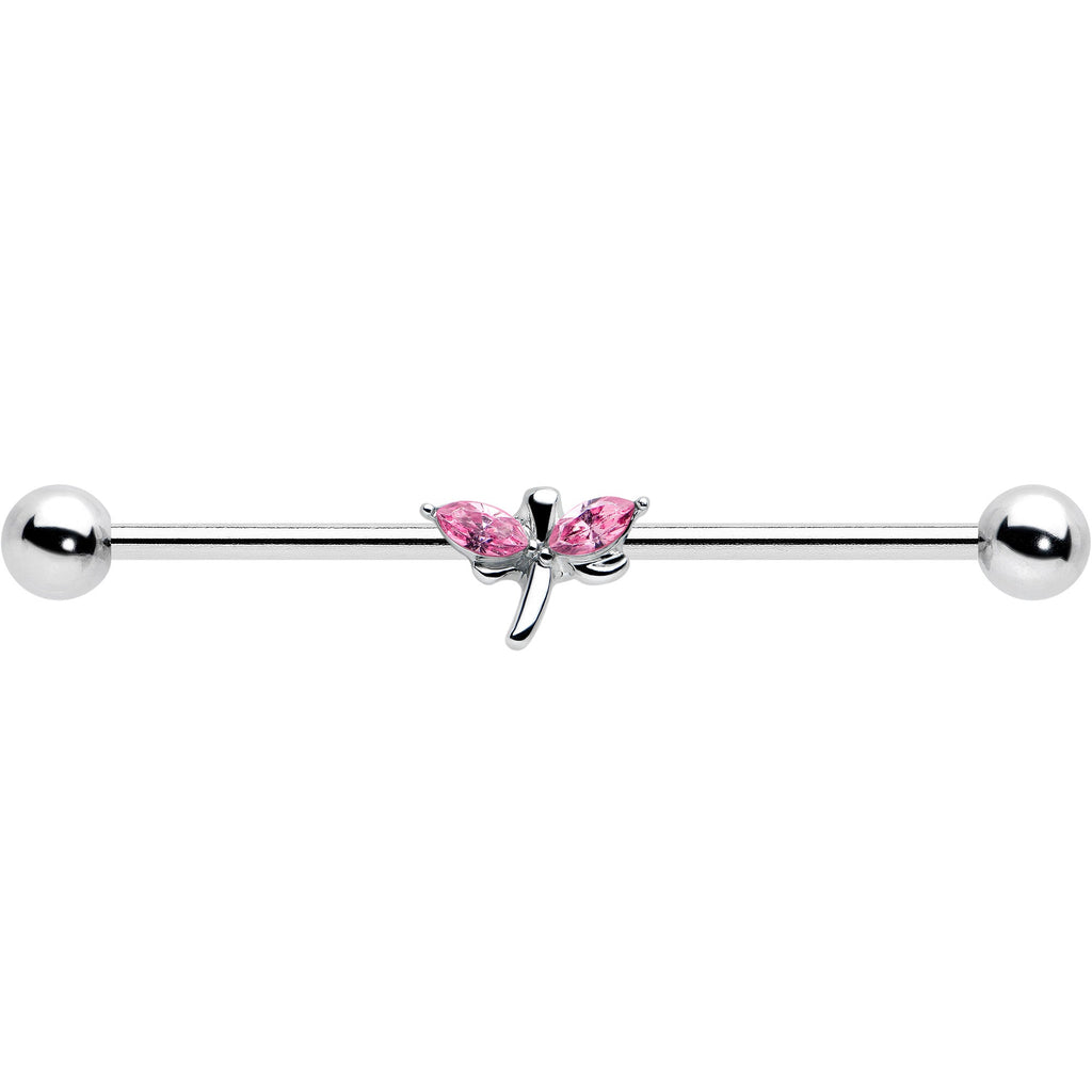 14G Pink Gem Simple Stylized Dragonfly Industrial Barbell 38mm