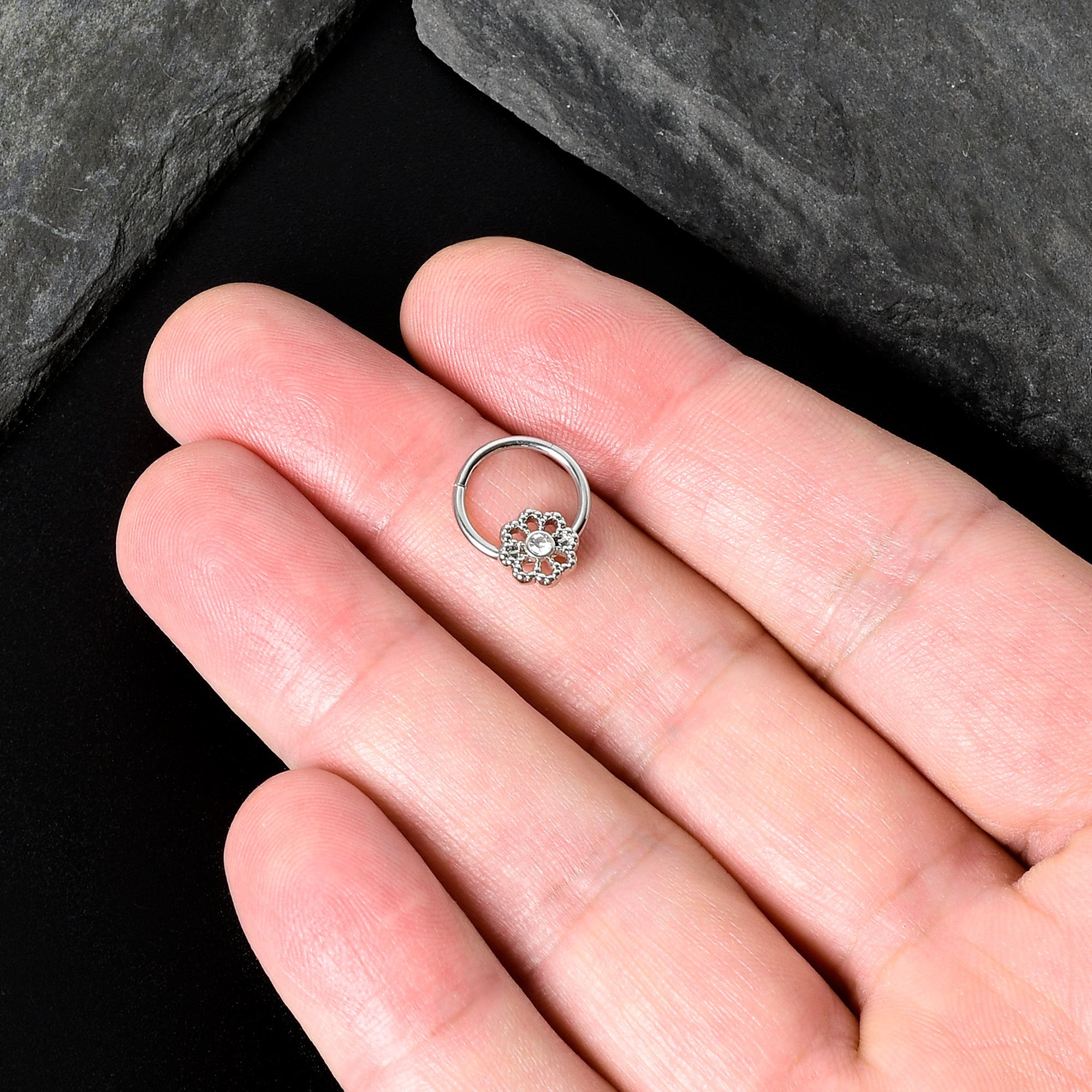 16G 3/8 Clear Gem Epic Fabulous Flower Hinged Segment Ring