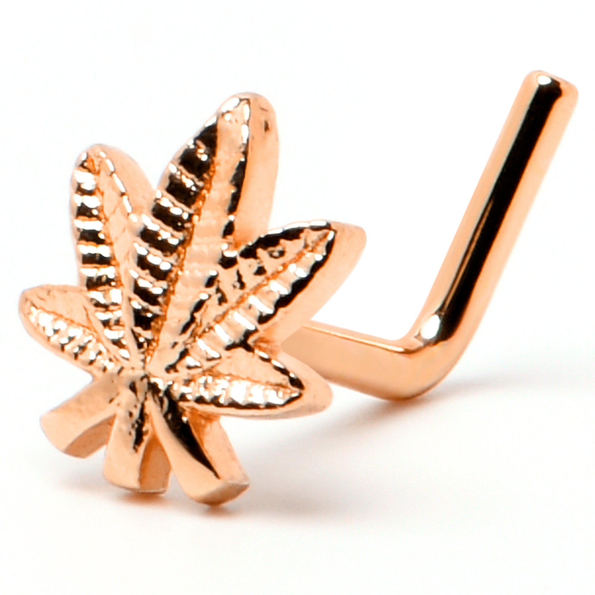 20G 1/4 Rose Gold Tone Texture Pot Leaf L Shape Nose Ring