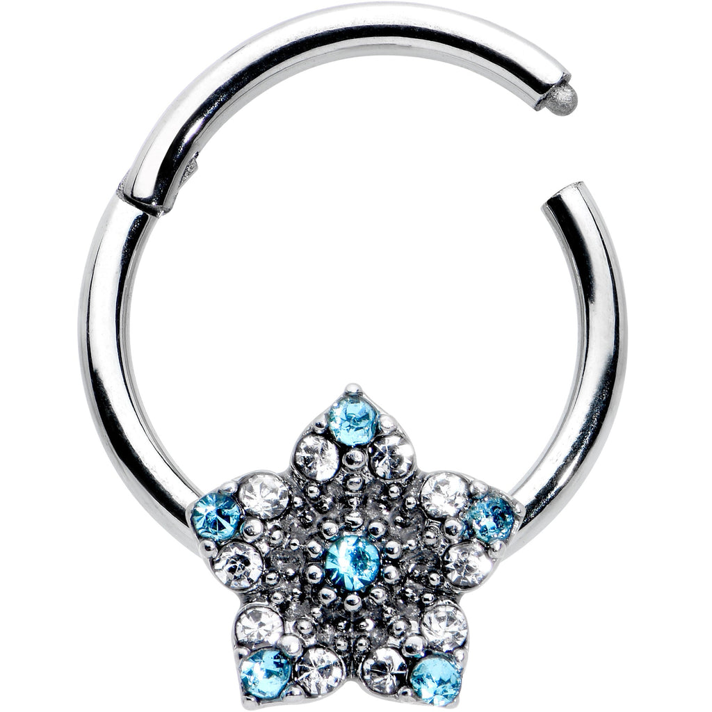 16G 3/8 Blue Clear Gem Opulent Flower Hinged Segment Ring