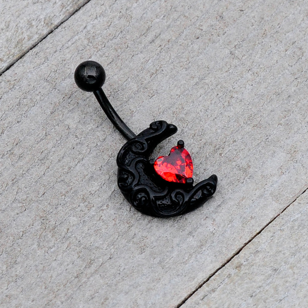 Red CZ Gem Black Scroll Moon Heart Belly Ring