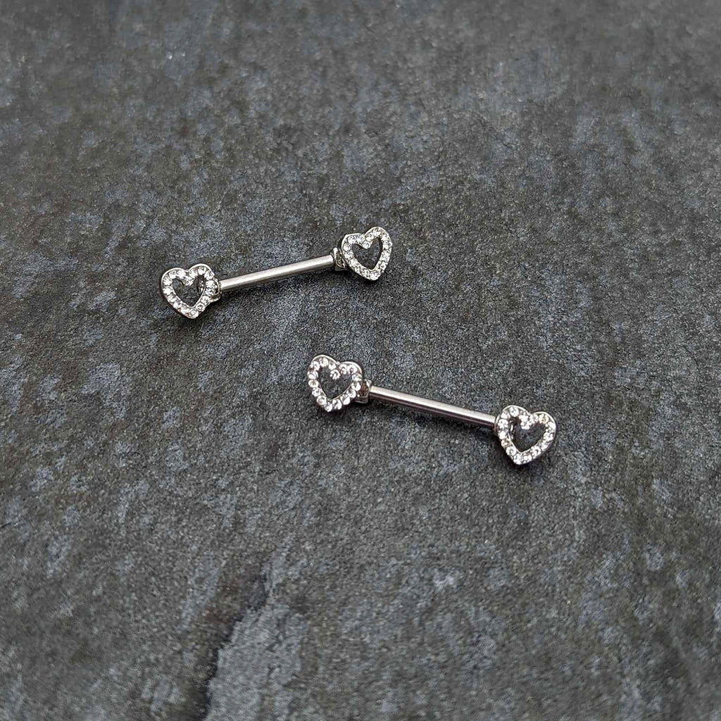 14G 9/16 Clear Gem Open Heart Valentine Barbell Nipple Ring Set