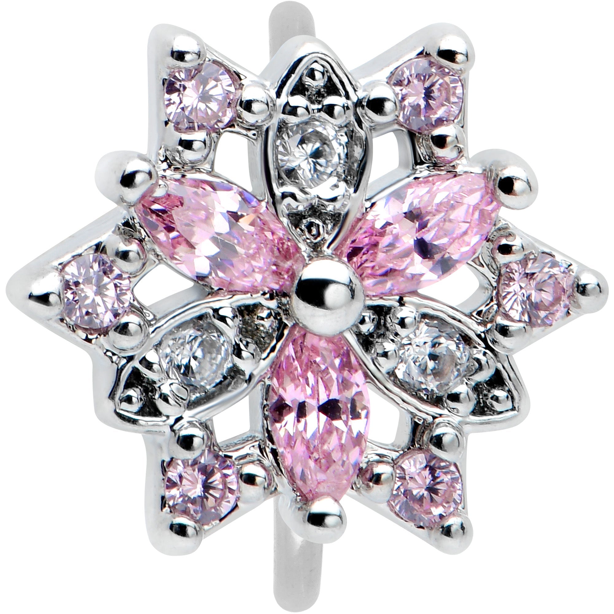 20G 5/16 Pink Clear CZ Gem Snowflake Nose Hoop