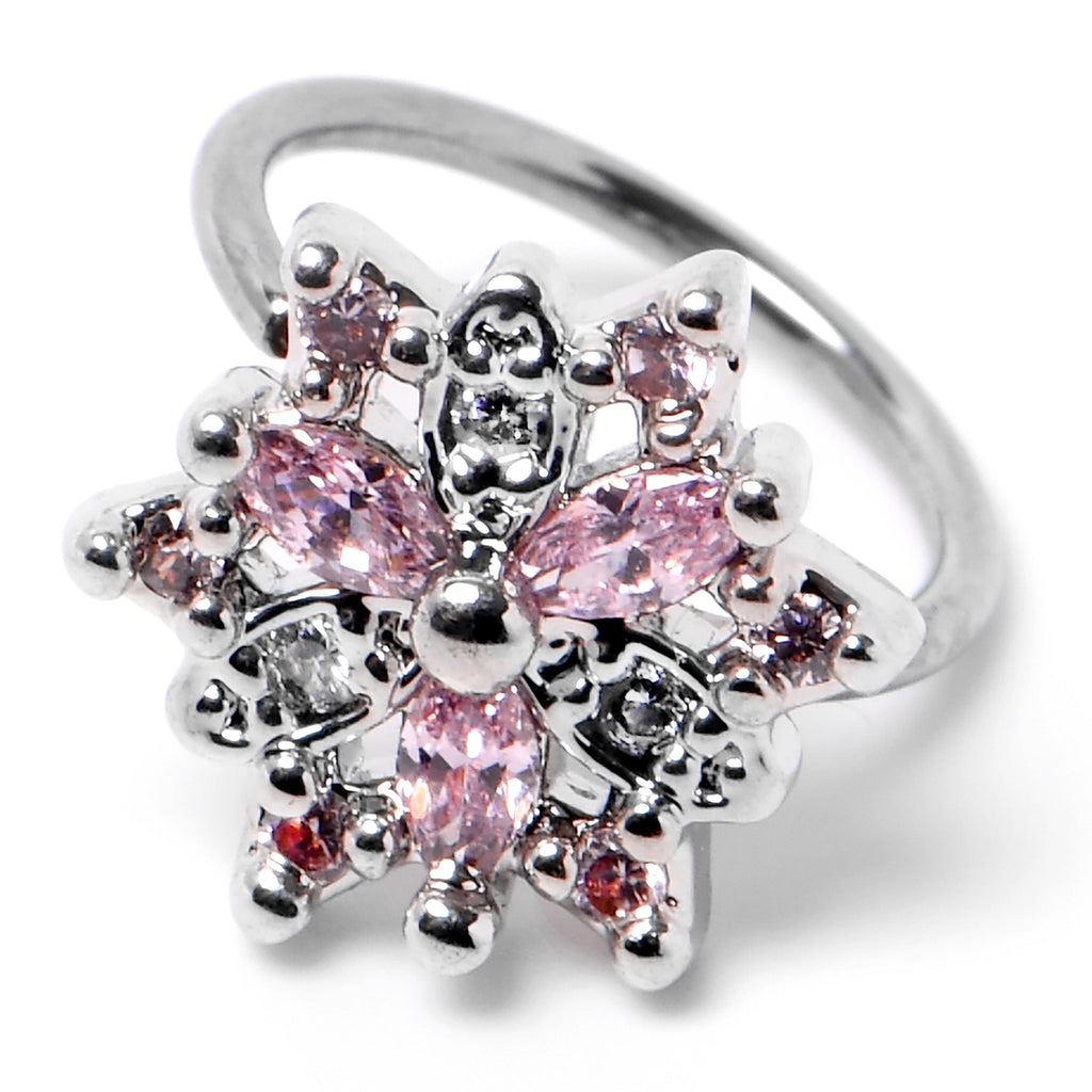 20G 5/16 Pink Clear CZ Gem Snowflake Nose Hoop
