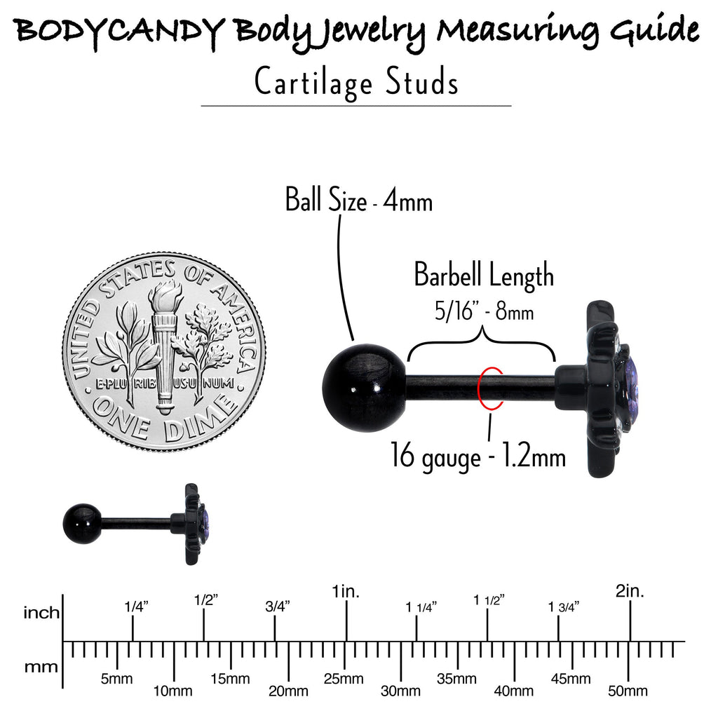 16G 1/4 Purple Gem Black Scrolling Hearts Cartilage Tragus Earring