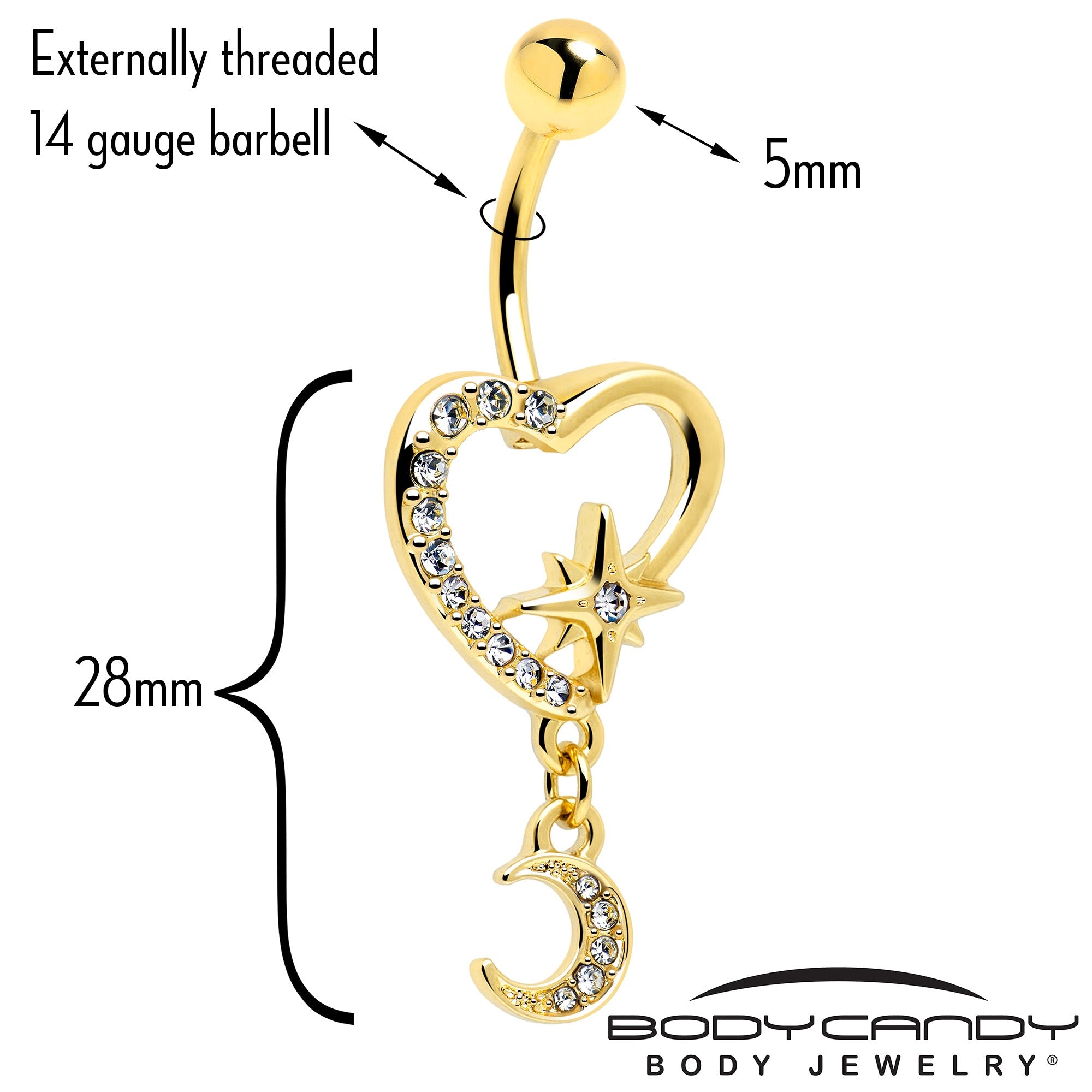 Clear Gem Gold Tone Heart Moon Dangle Belly Ring