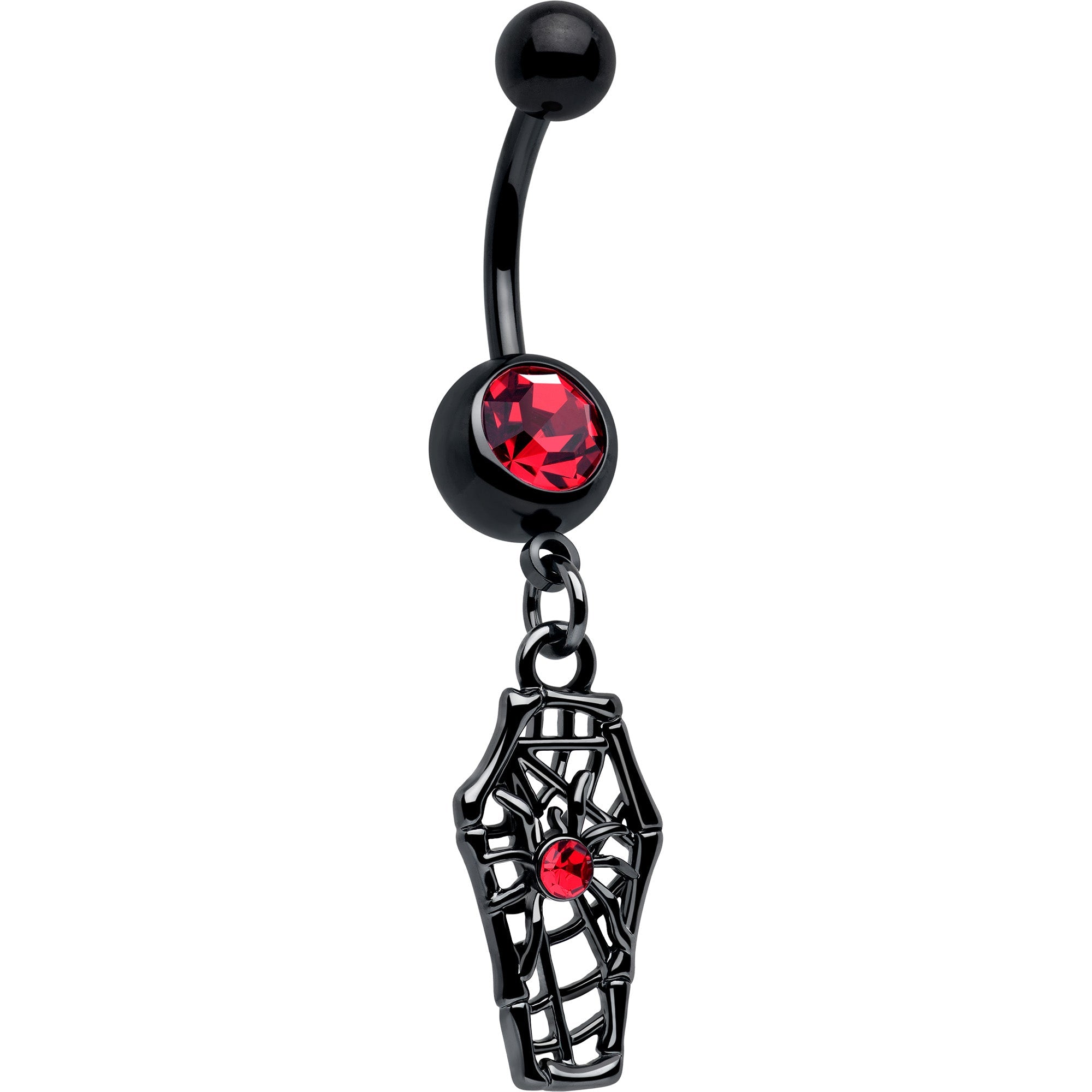 Red Gem Black Spider Coffin Dangle Belly Ring
