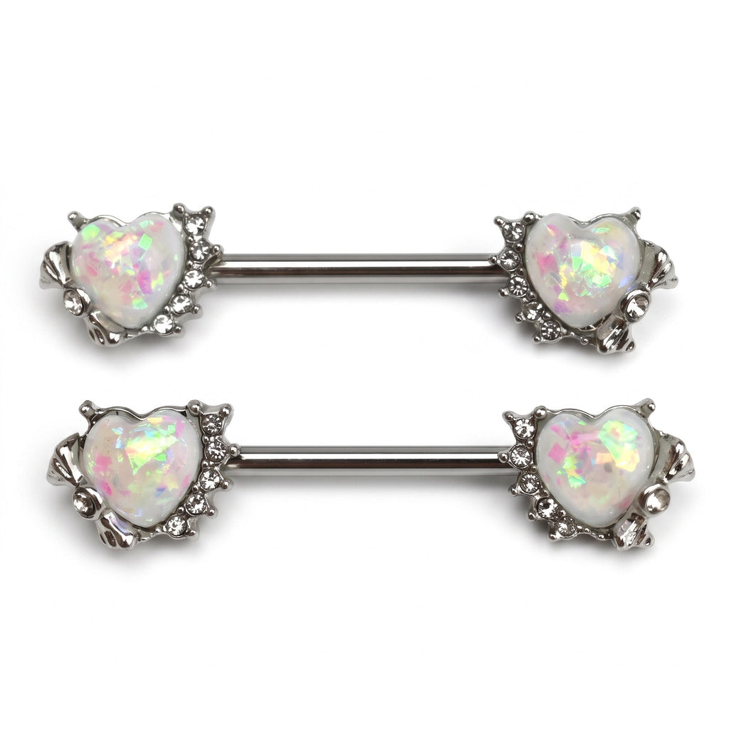 14G 9/16 White Faux Opal Sun Heart Barbell Nipple Ring Set