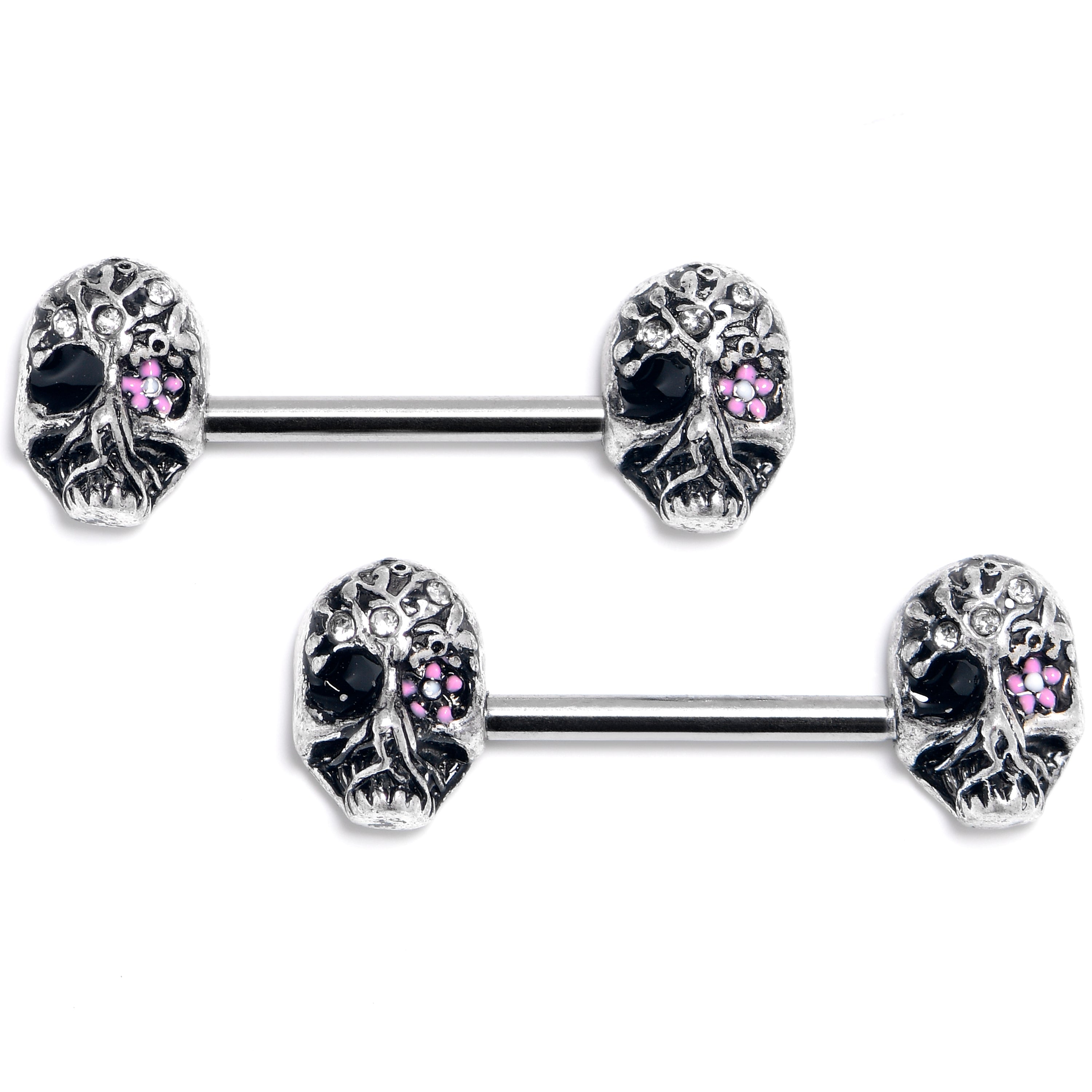 14G 9/16 Gem Flower Eye Stylish Skull Barbell Nipple Ring Set