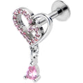16G 5/16 Pink CZ Gem Asymmetrical Heart Dangle Labret Tragus