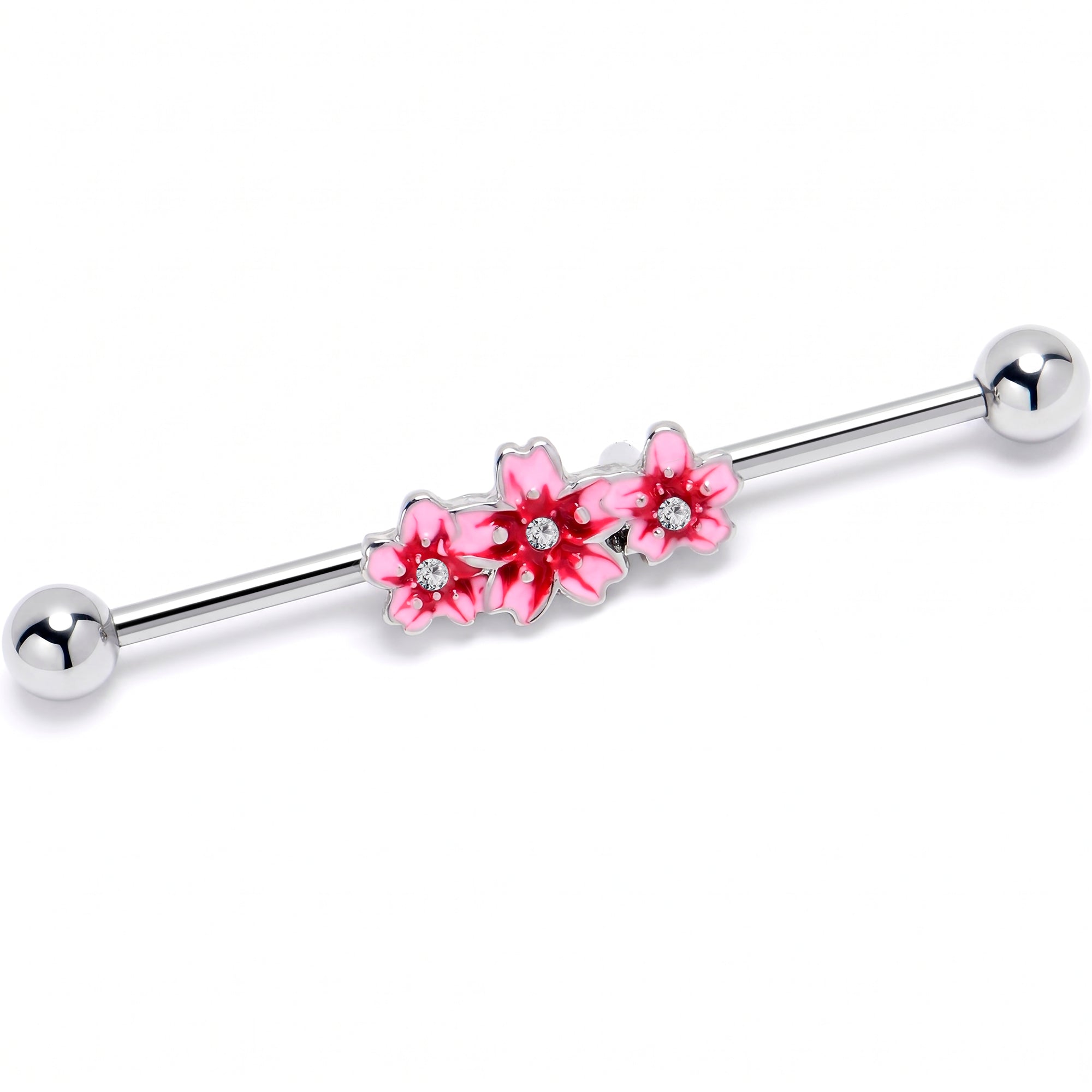 14G Clear Gem Perfect Pink Flower Trio Industrial Barbell 38mm