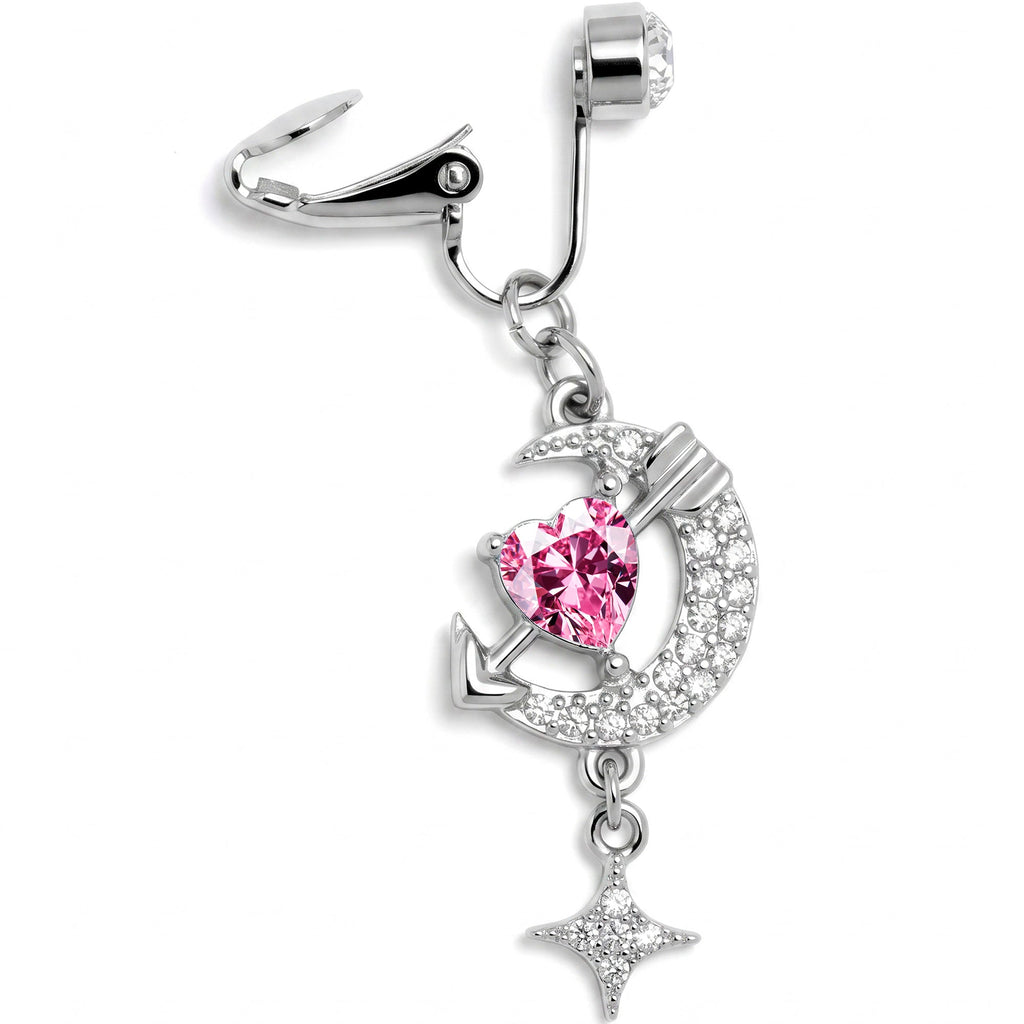 Clear Pink Gem Moon Lover Dangle Clip On Fake Belly Ring