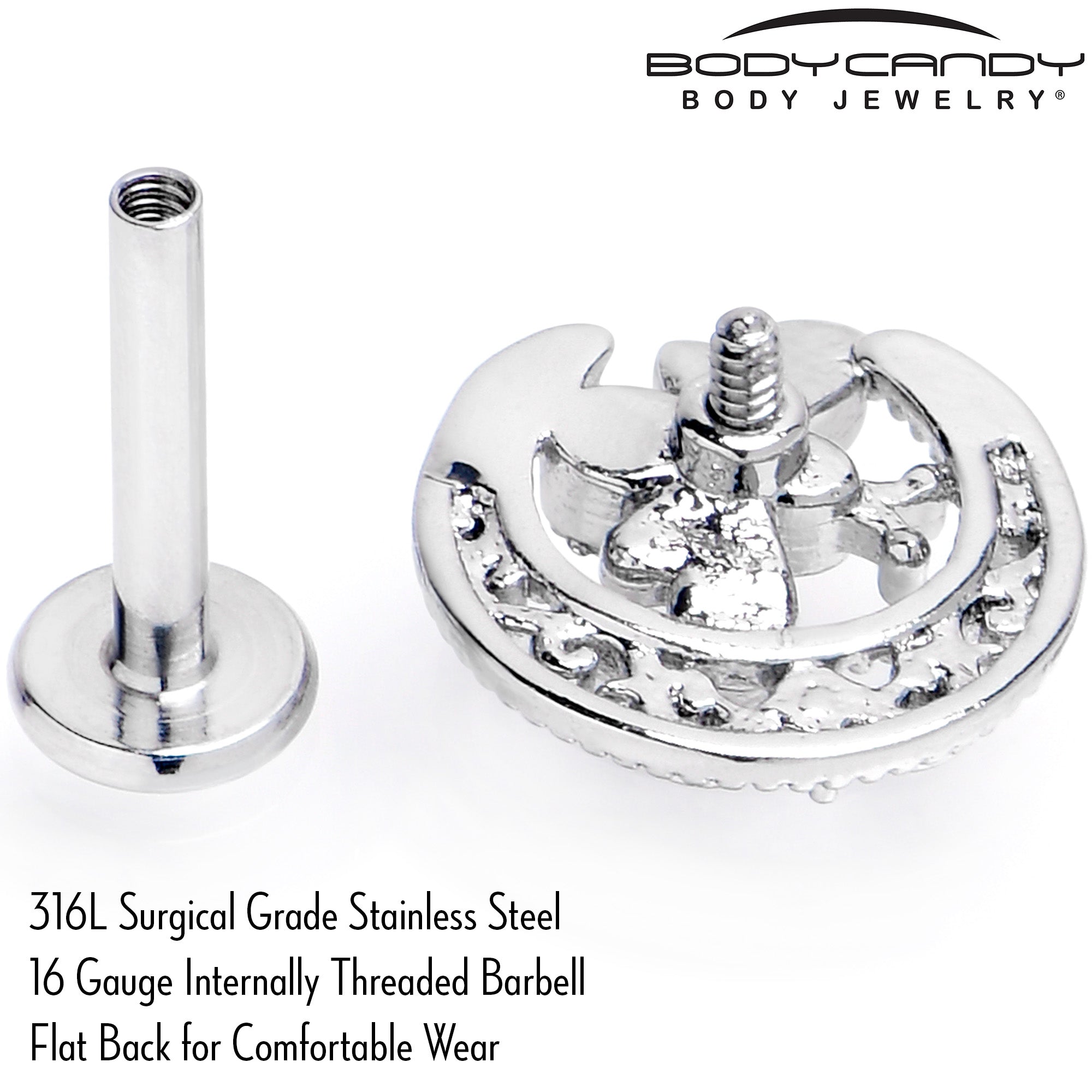 16G 5/16 Clear Gem Lunar Dragonfly Internally Threaded Labret Tragus