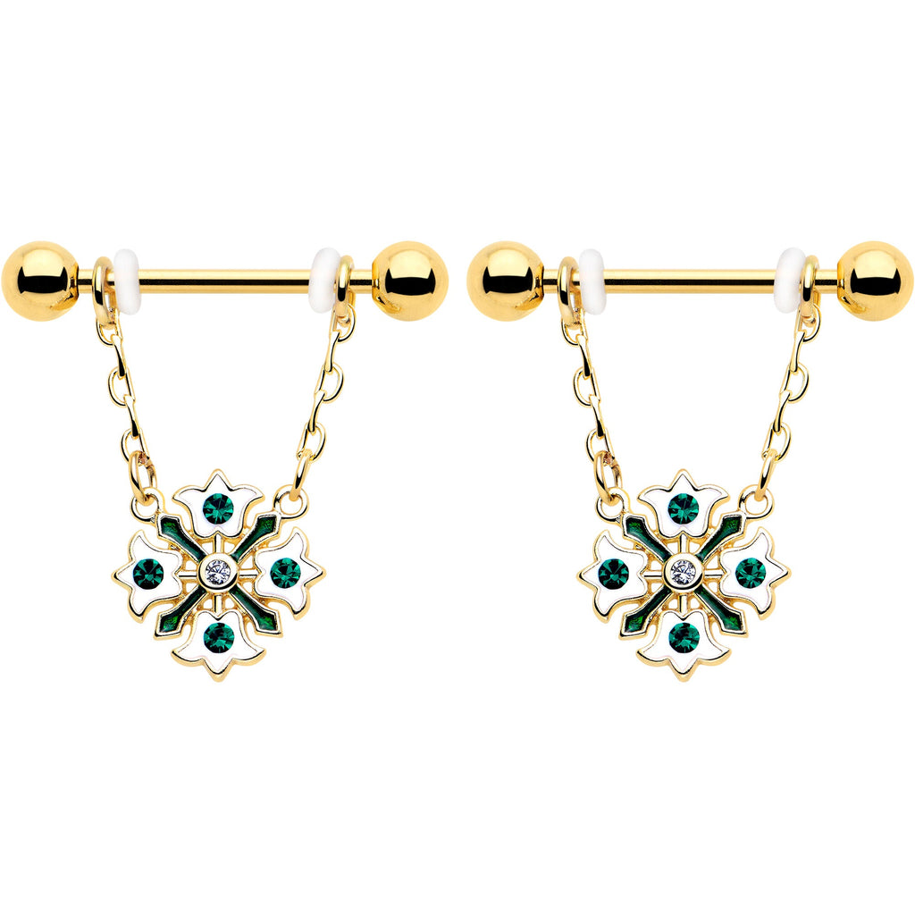 14G 9/16 Green Gem Gold Tone Flower Wreath Dangle Nipple Ring Set