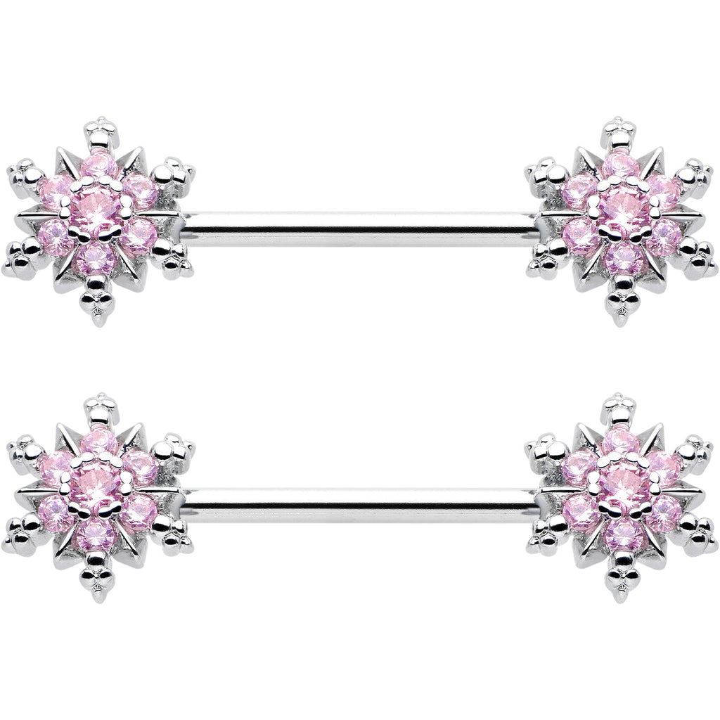 14G 9/16 Pink CZ Gem Snowflake Glam Barbell Nipple Ring Set