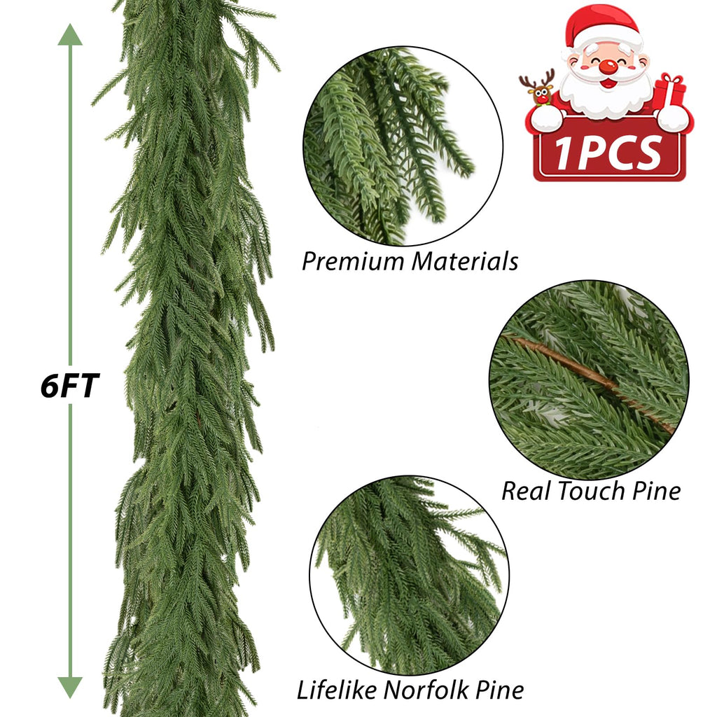 Christmas Norfolk Pine Garland Artificial Greenery Mantle Fireplace Decor 6FT