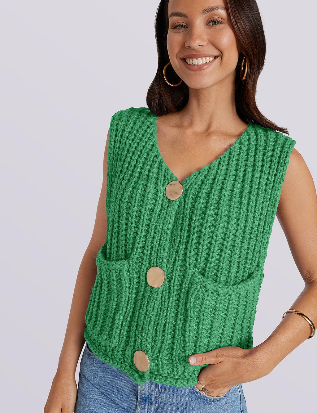 UEU Women's V Neck Crochet Sweater Vest Sleeveless Cardigan Green Size M