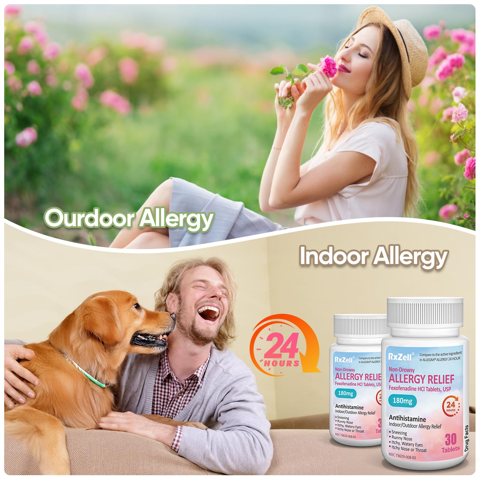 RXZELL Fexofenadine HCl 180mg 24-Hour Antihistamine Non-Drowsy 30 Count