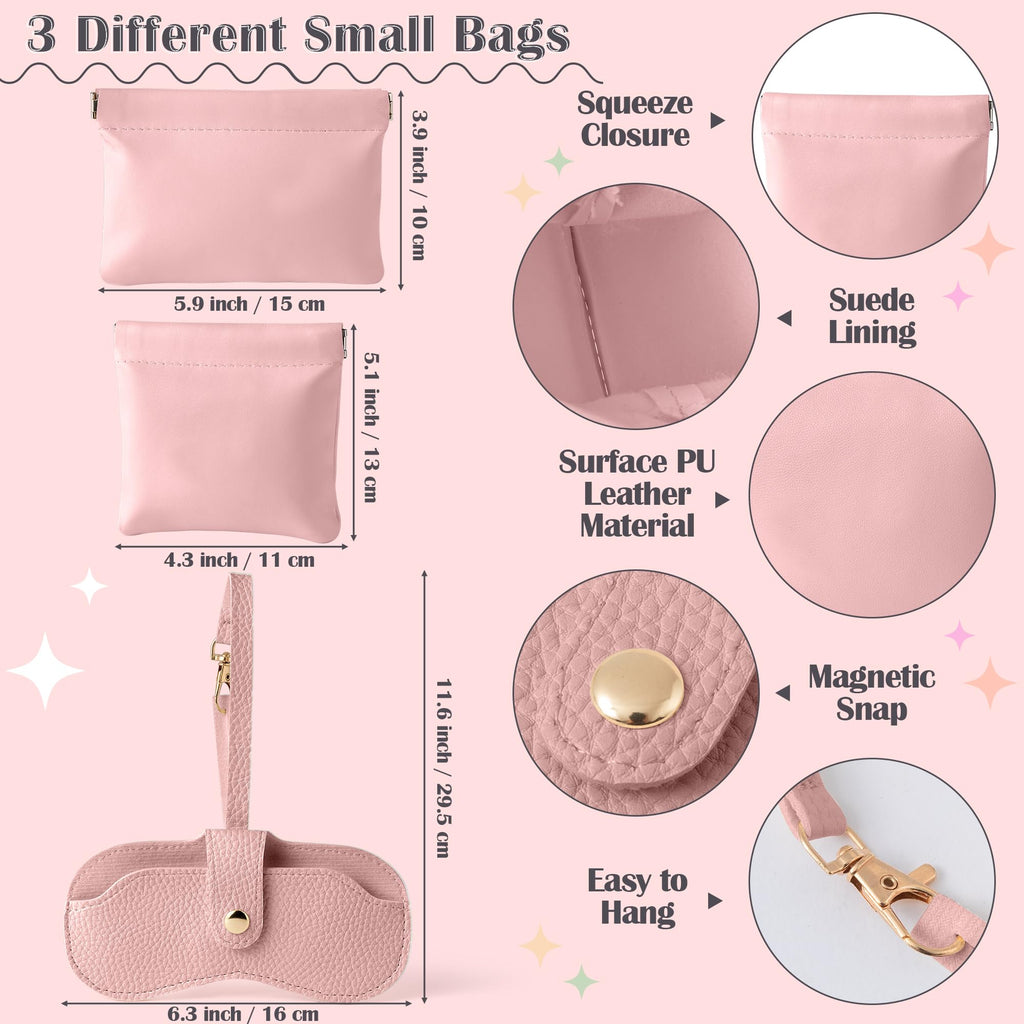 GQIRIL Mini Travel Cosmetic Bag Set 3PCS Waterproof Leather Pink