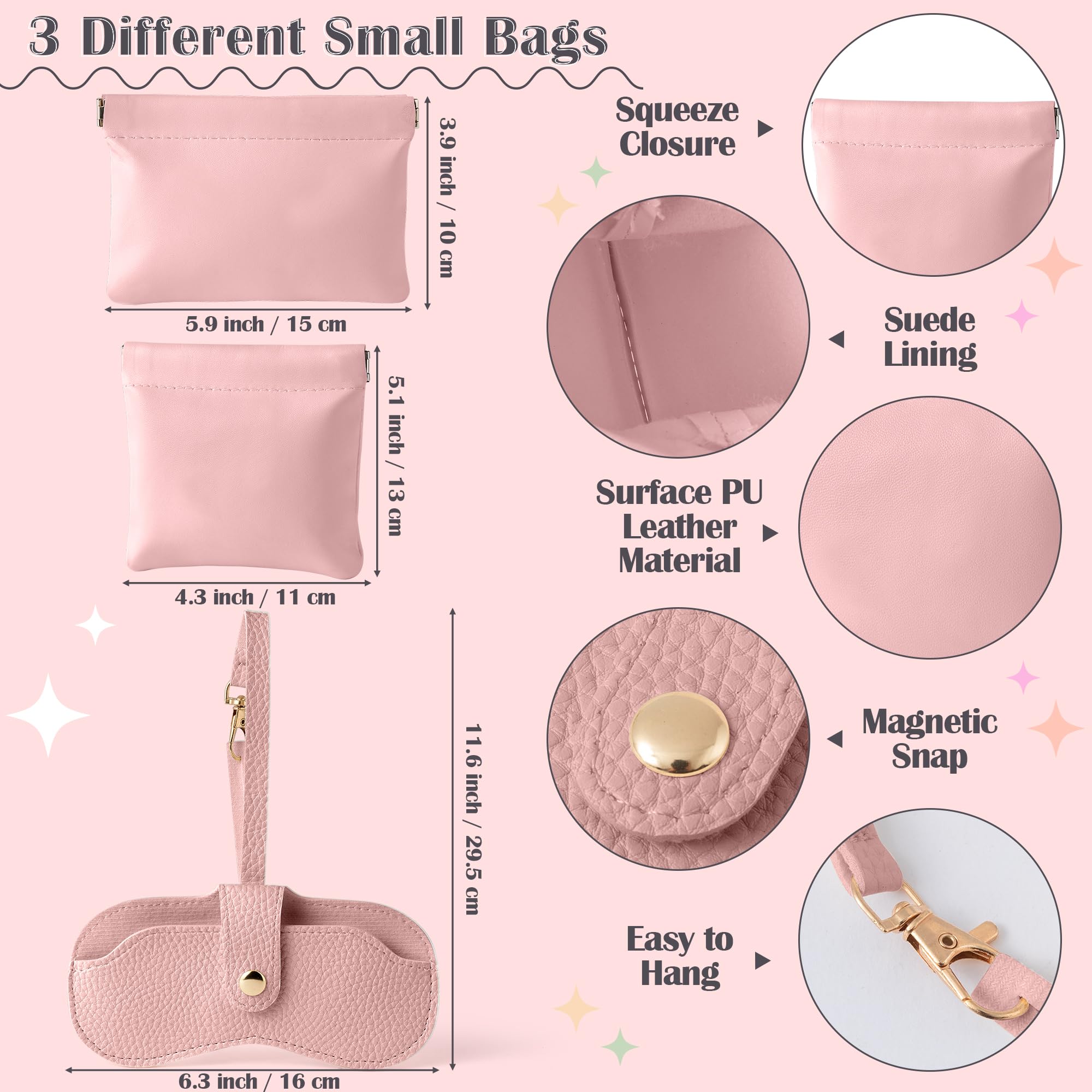 GQIRIL Mini Travel Cosmetic Bag Set 3PCS Waterproof Leather Pink