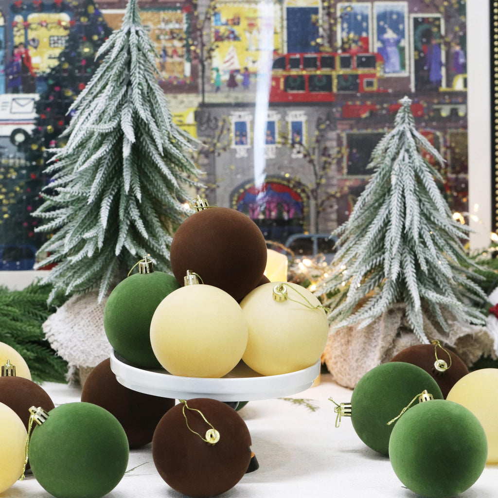 Senjie 30pcs Velvet Christmas Balls Ornaments 2.36in Brown Green Khaki
