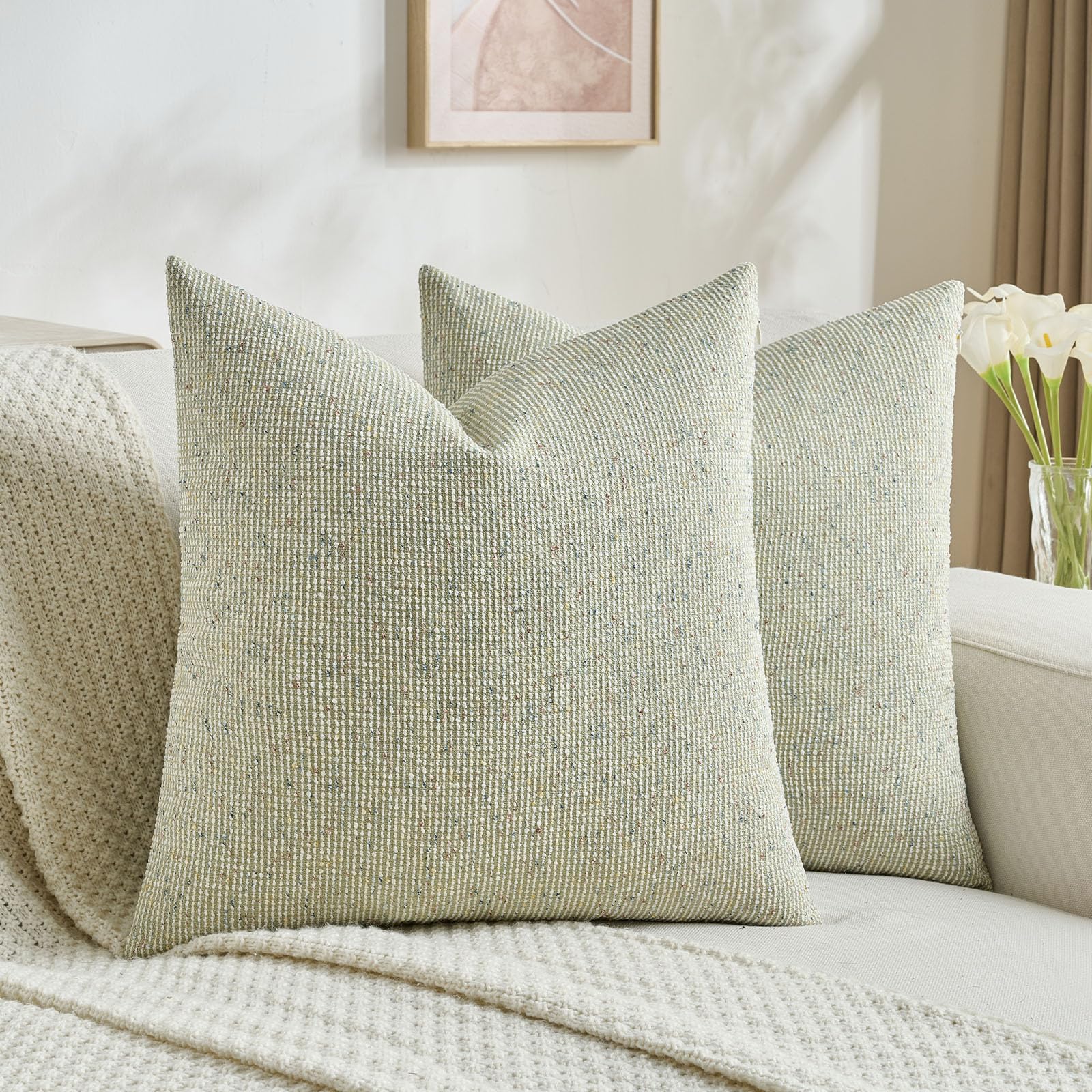 FUTEI Green Chenille Throw Pillow Covers 20x20 Inch Set of 2 Modern Decor