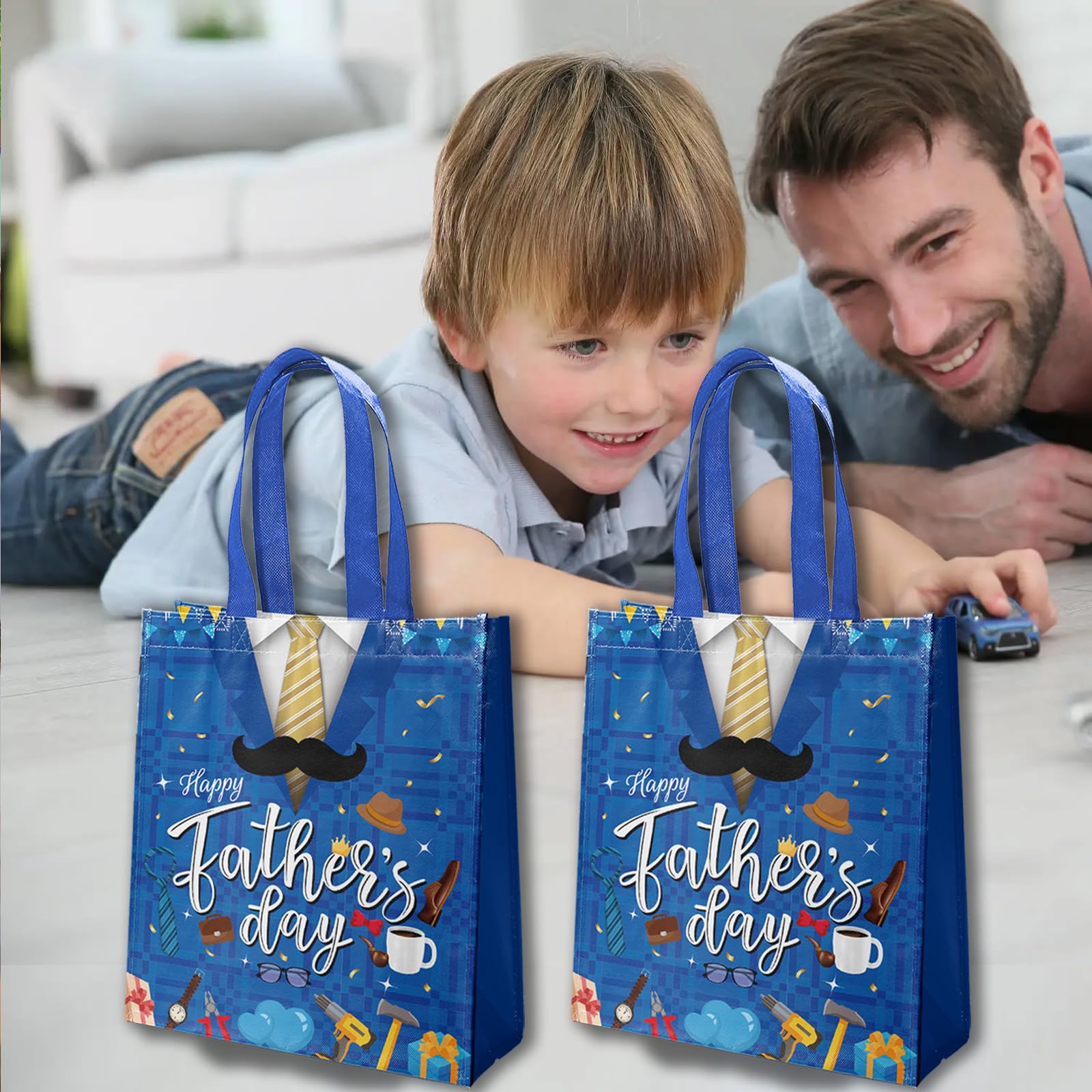 delaimastor 16Pcs Father's Day Non-Woven Gift Bags Blue Black 7.8x3.1x9.8in