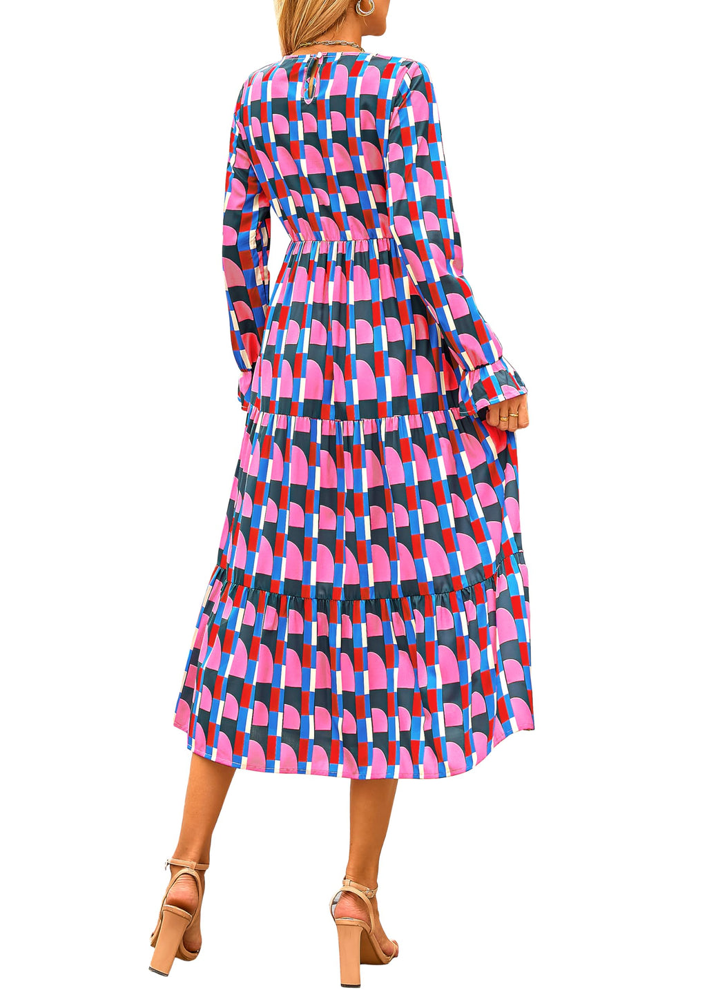 KIRUNDO Womens Spring Long Sleeve Boho Floral Midi Dress Pink Size M