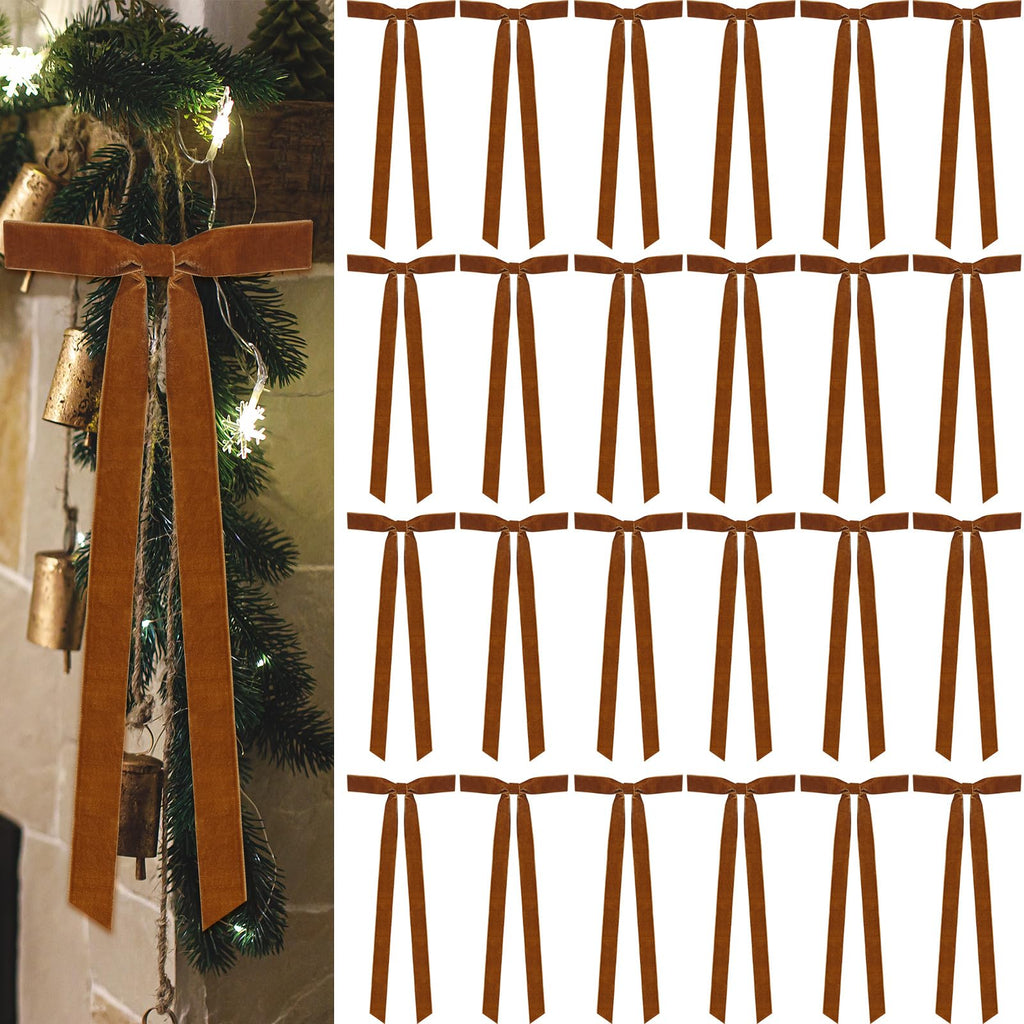 Dcocdeely 24 Pcs Khaki Velvet Christmas Bows 16x6 Inch Rustic Decor