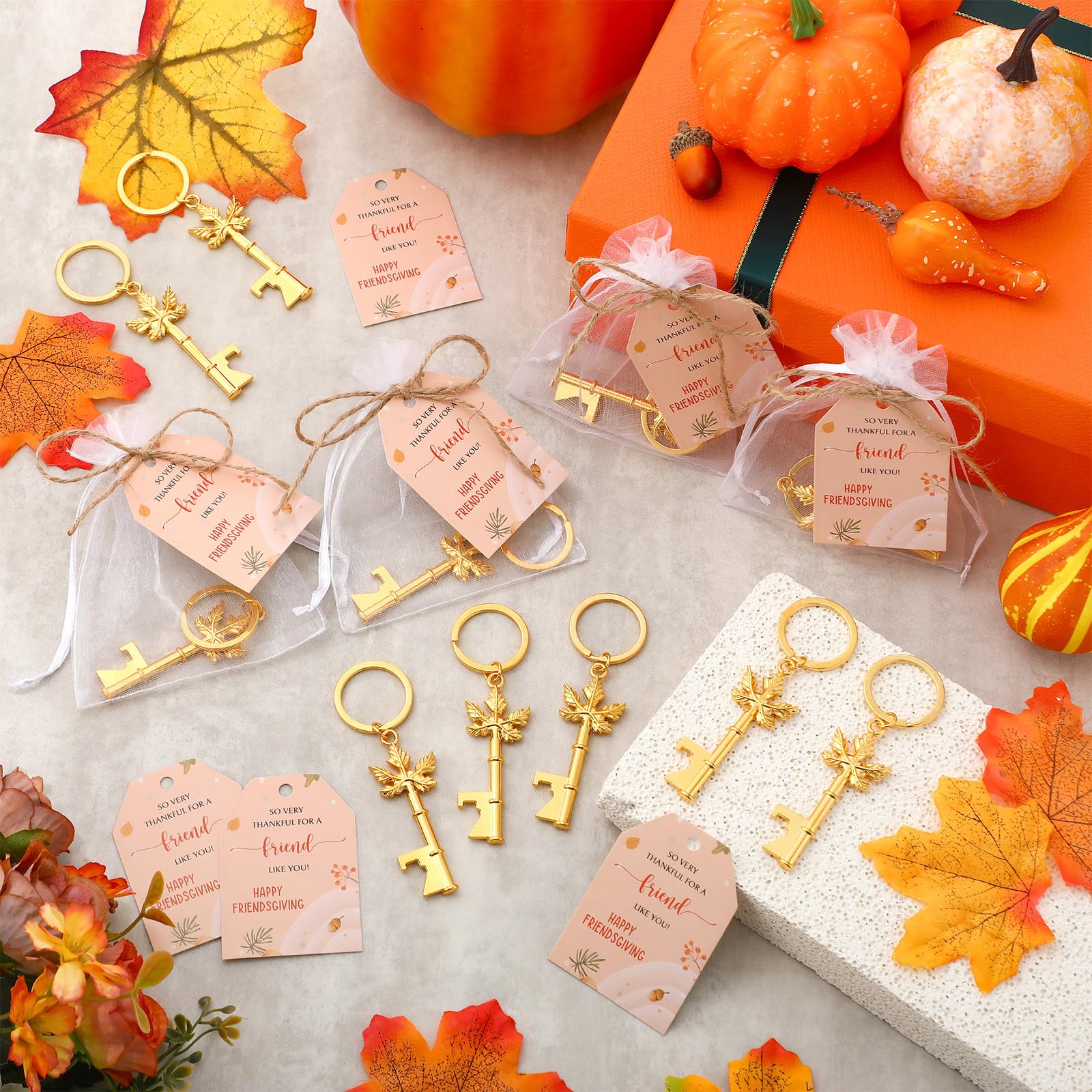 Yiyiring 24 Sets Thanksgiving Party Maple Leaf Keychain Bottle Opener Gold