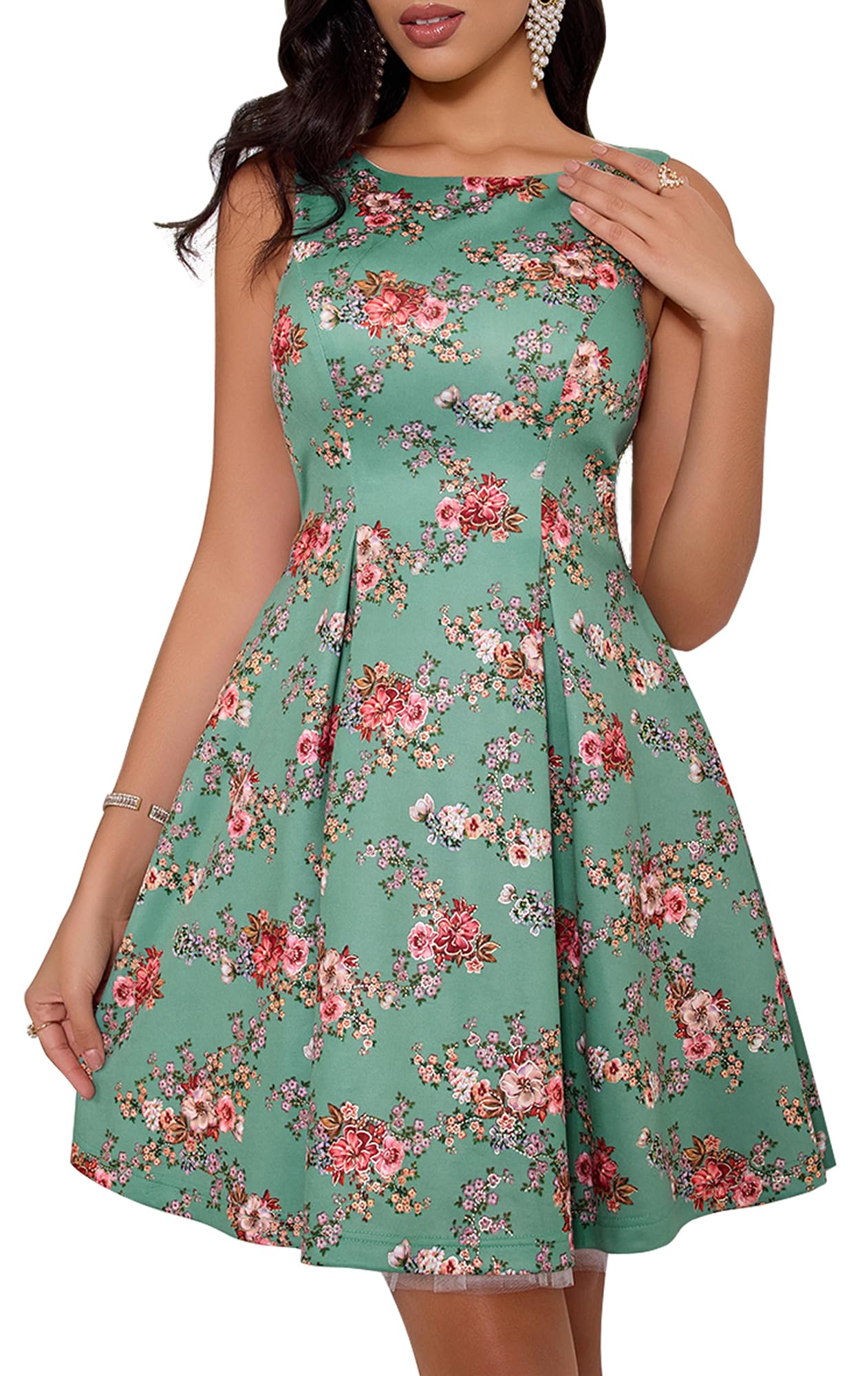 Angel-fashions Women's Floral A-Line Sleeveless Dress Green Size 6