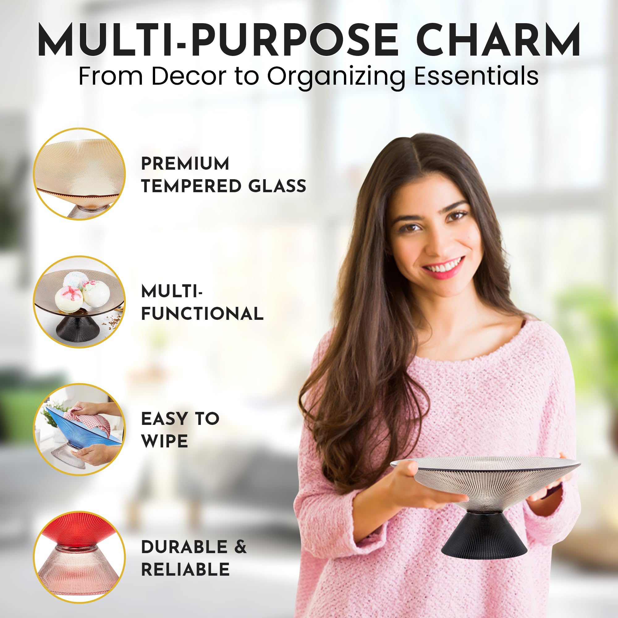 SPRINGBOW 10" Gray Tempered Glass Fruit Bowl Ripple Pedestal