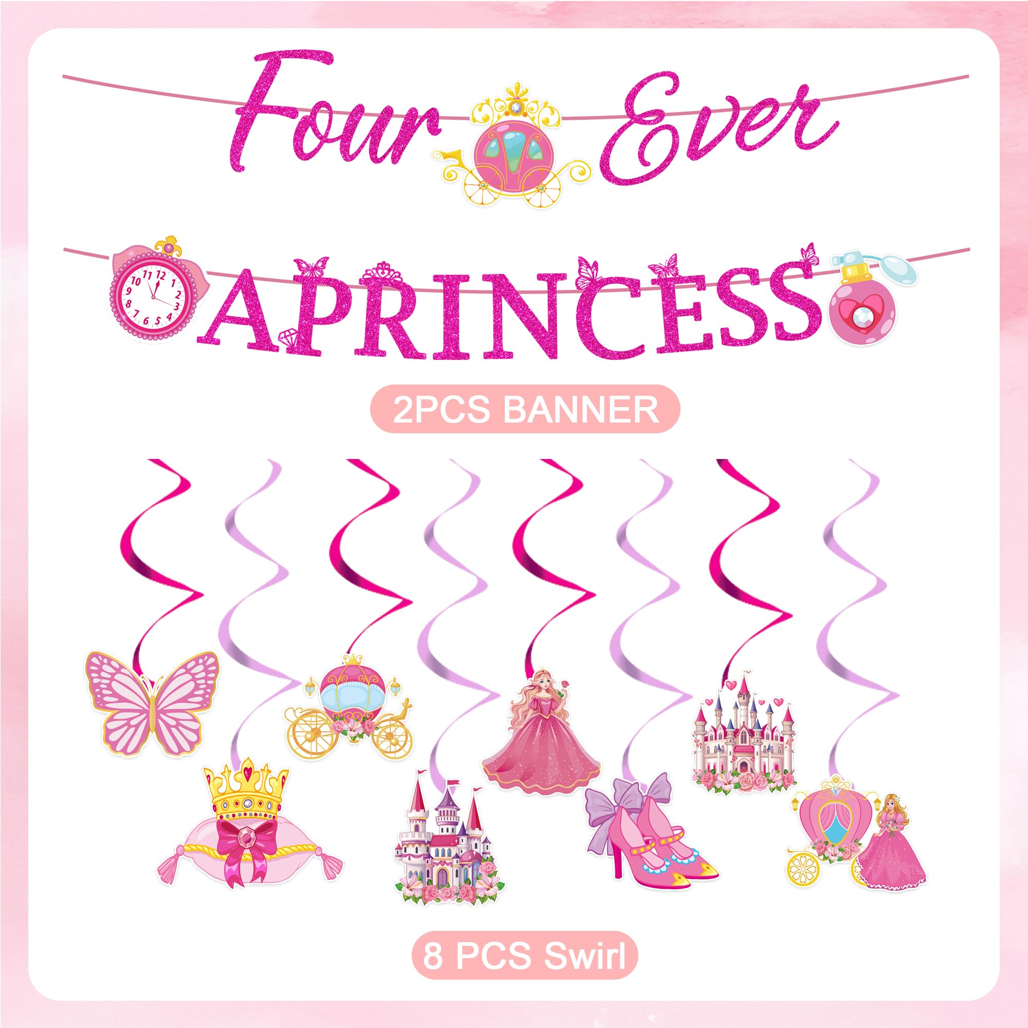 Romart Princess 4th Birthday Party Decorations 2 Banners 8 Swirls Pink Lavender