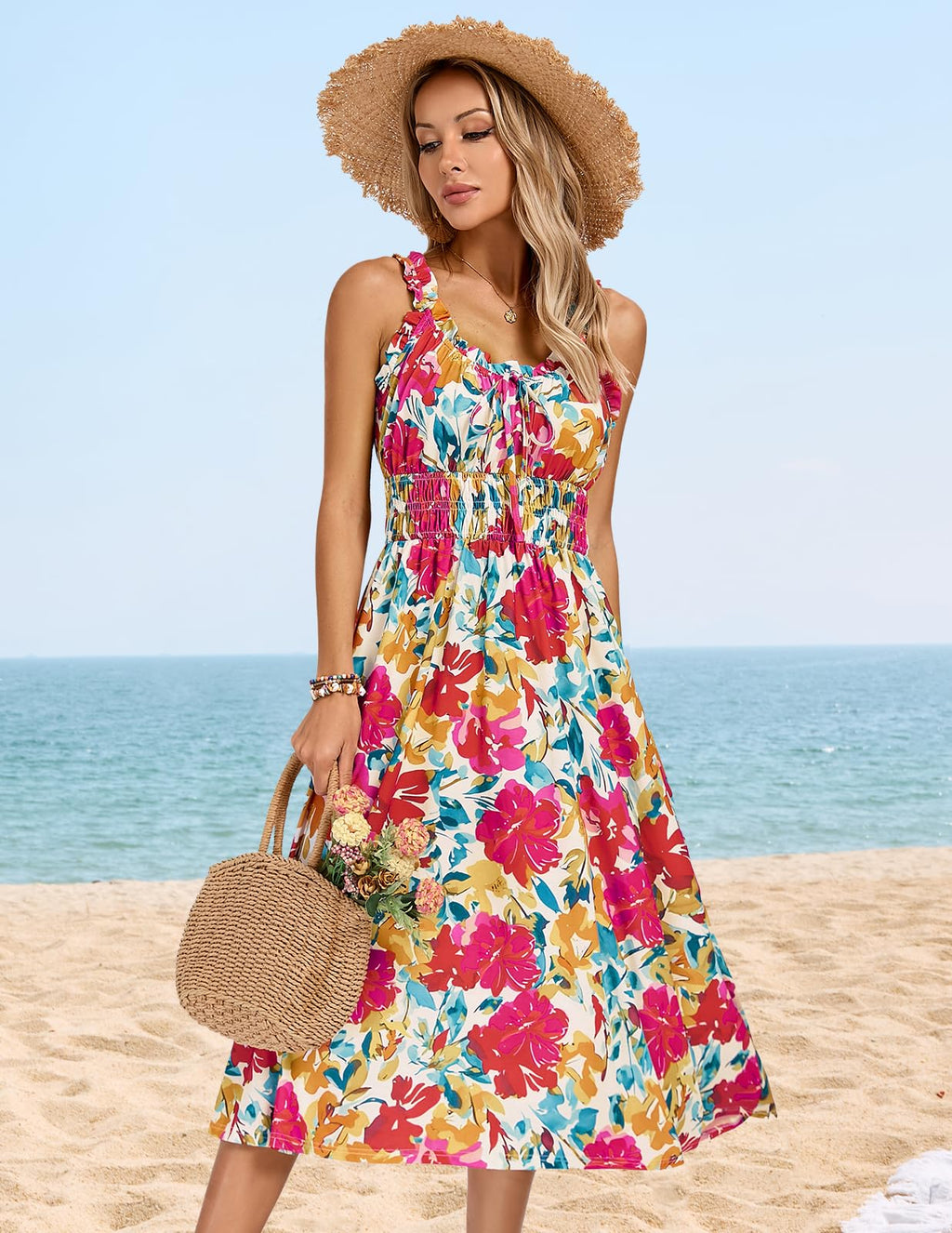 Kate Kasin Womens Floral Wedding Guest Dress Sleeveless Blue Leaves Size M