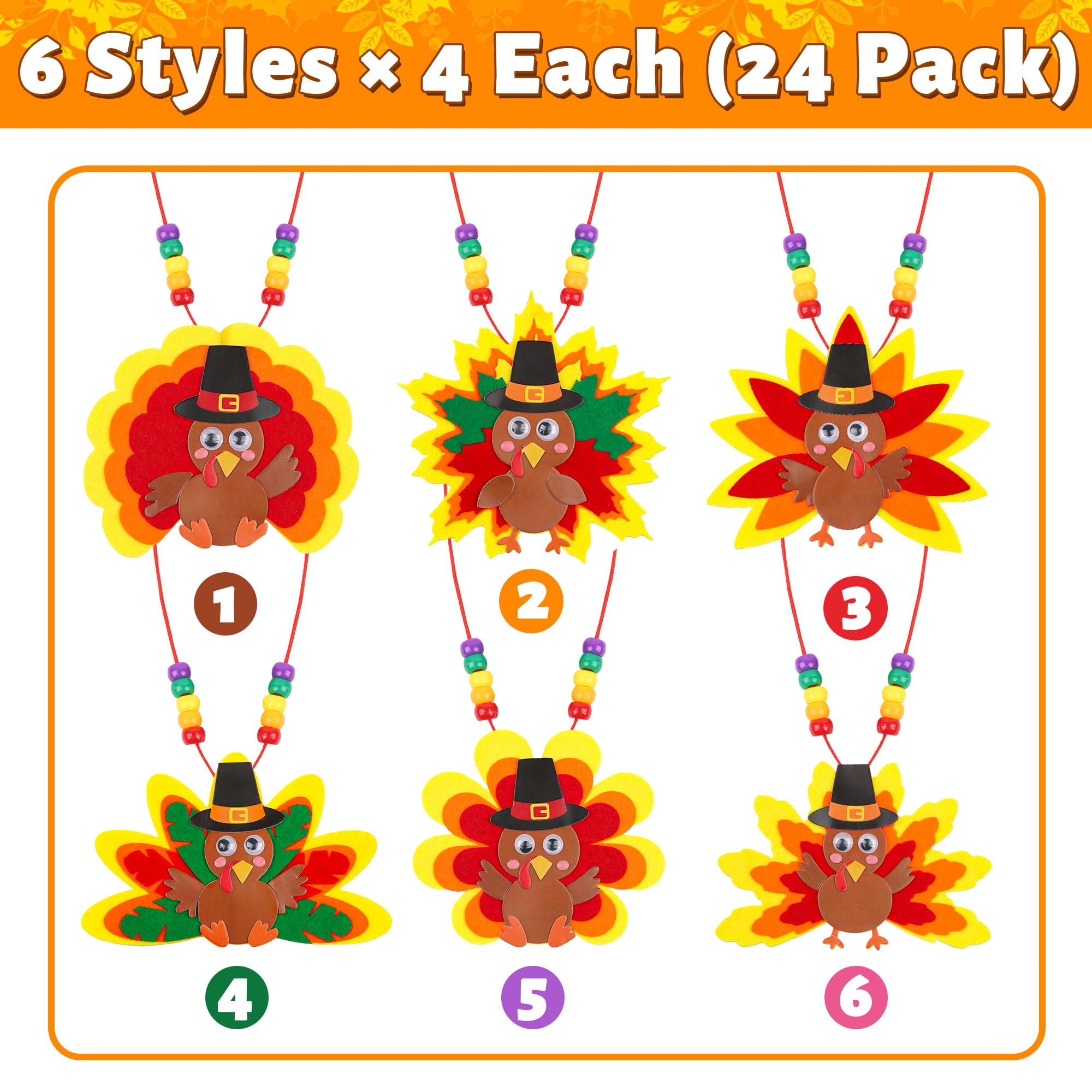 Huyamap Thanksgiving Turkey Necklace Craft Kits 24 Pack Colorful Style 1