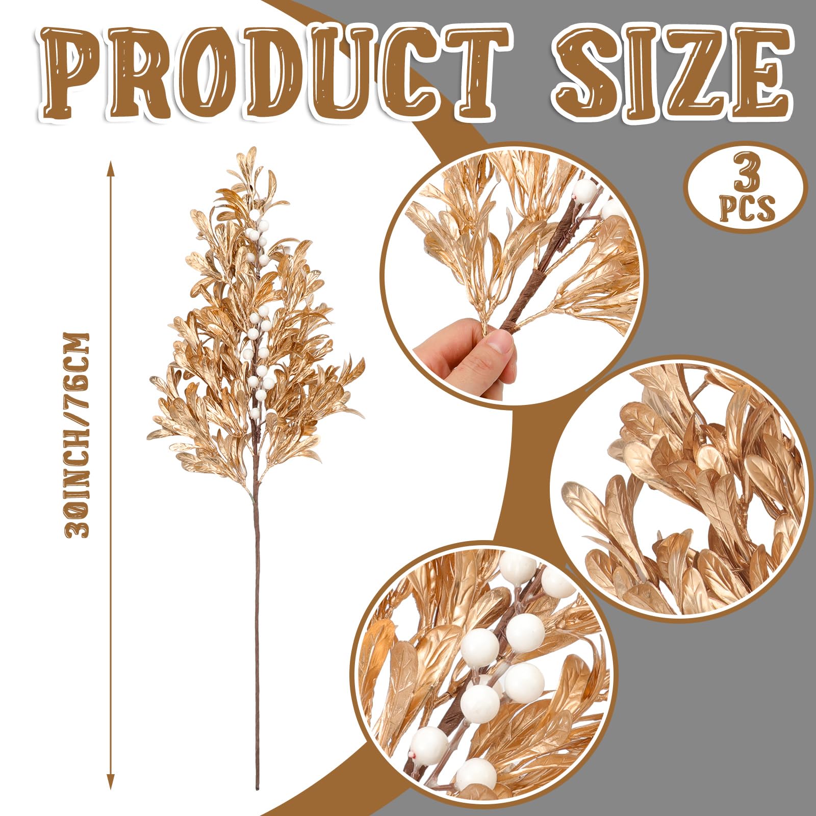 Giegxin 3 Pcs 30" Gold Leaf Christmas Tree Picks with White Berry