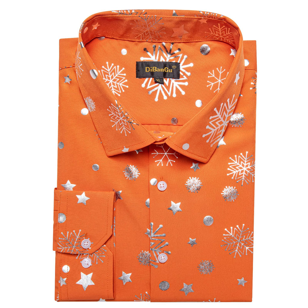 DiBanGu Mens Christmas Long Sleeve Button Down Shirt Orange Silver Size XX-Large