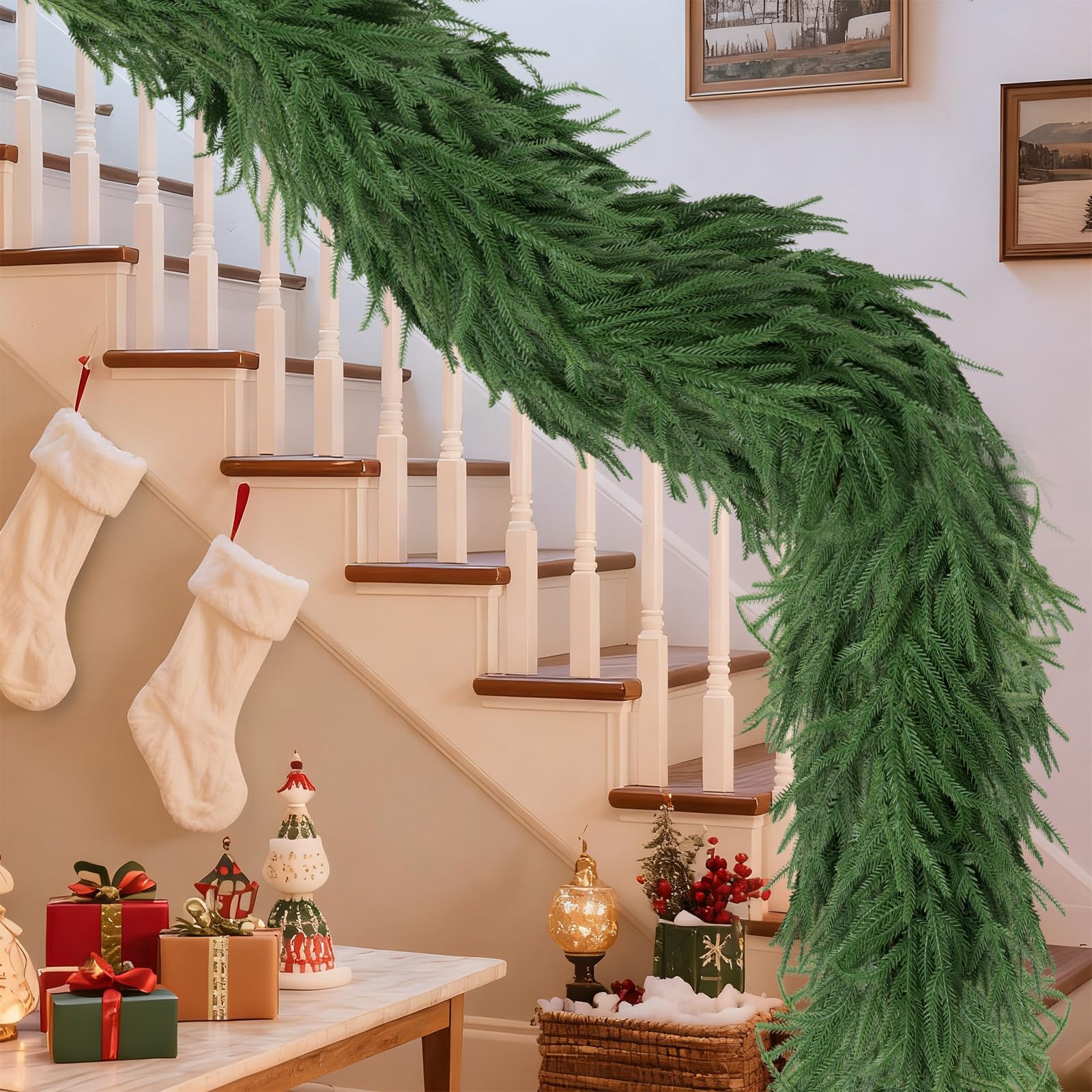Gixie Home 2Pcs 6Ft Artificial Norfolk Pine Garland Green Plastic