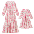AWIBMK Mommy and Me Floral Boho A-Line V Neck Long Sleeve Dress Blue Pink Size L