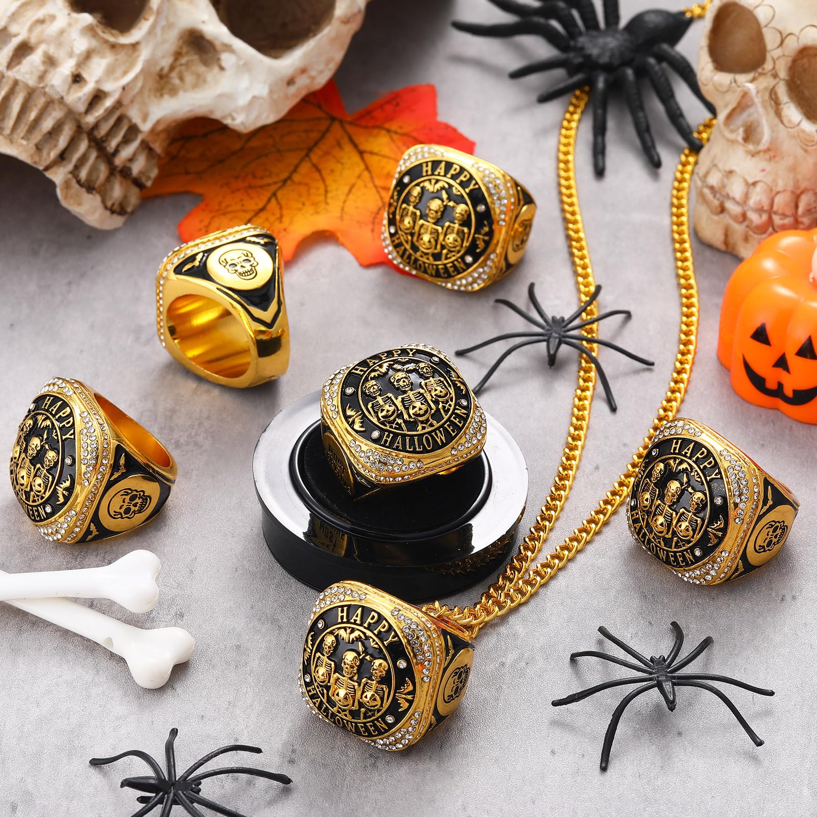Highergo Halloween Skeleton Trophy Rings Set 6pcs with Neck Chain Stand