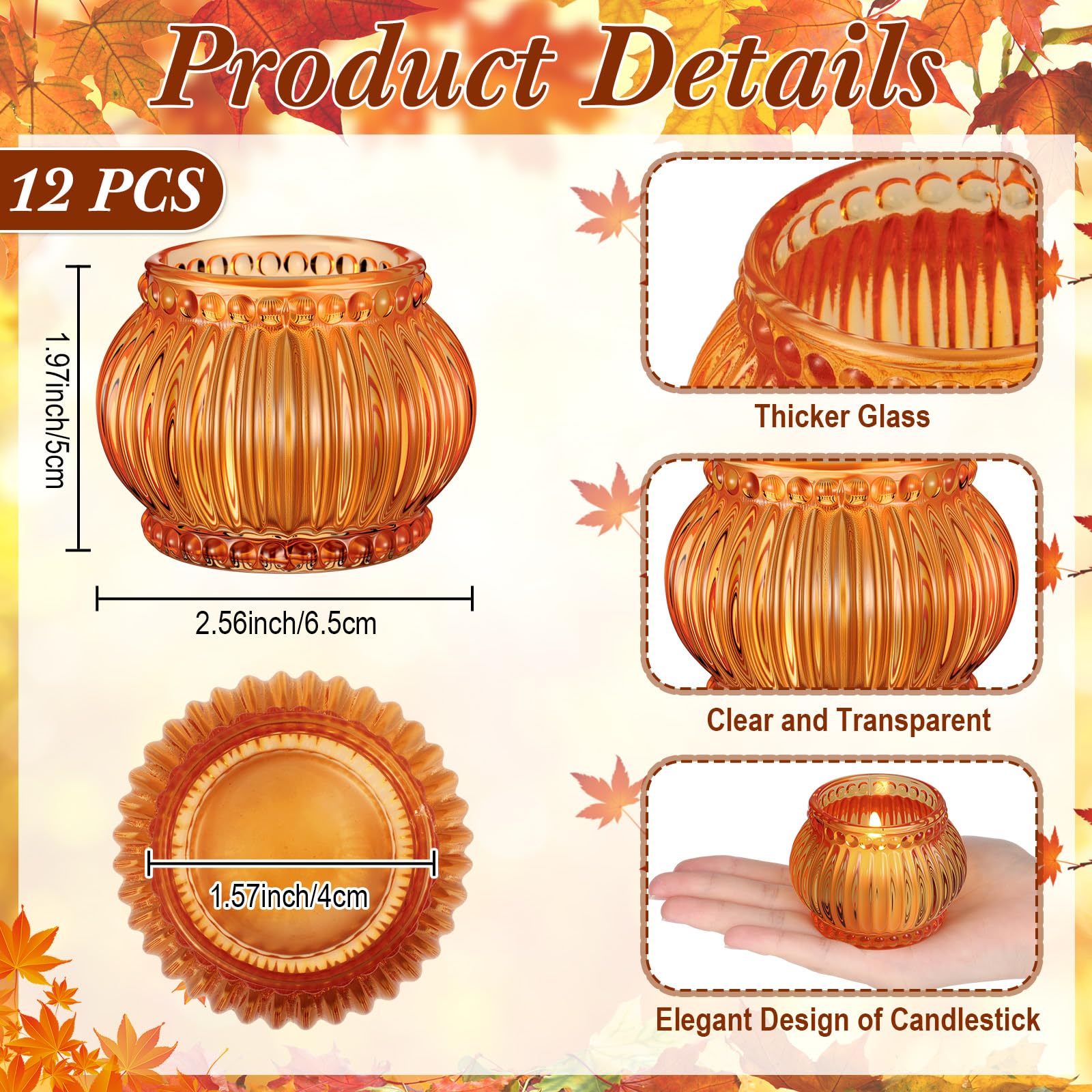 Mumufy 12 Pcs Orange Pumpkin Glass Votive Candle Holders Thanksgiving Decor
