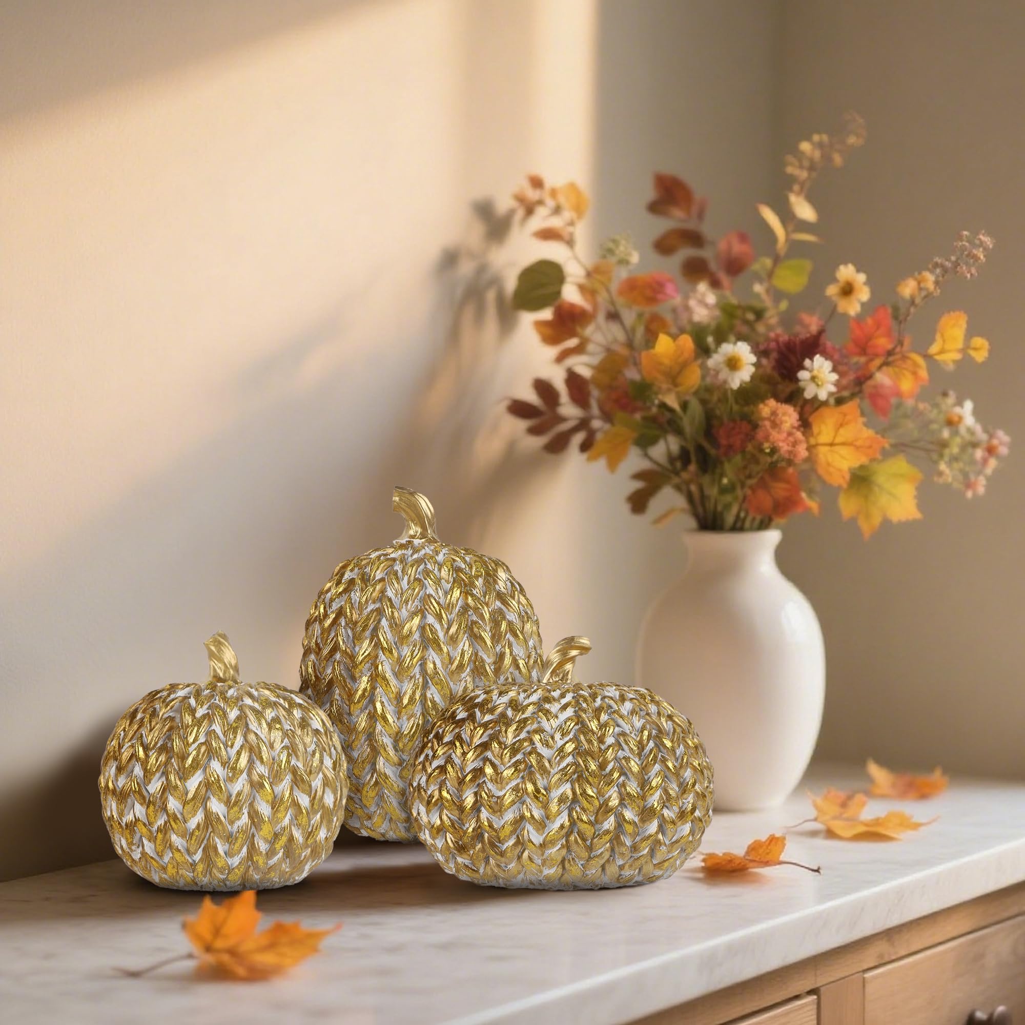 winemana Fall Decorations Set of 3 Gold White Resin Pumpkins Woven Design