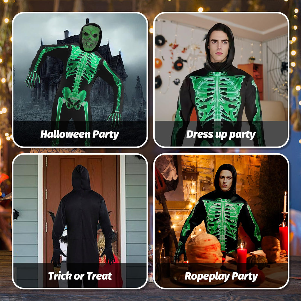 XXLOG Glow in the Dark Skeleton Costume Hooded Jumpsuit Halloween Cosplay Adult