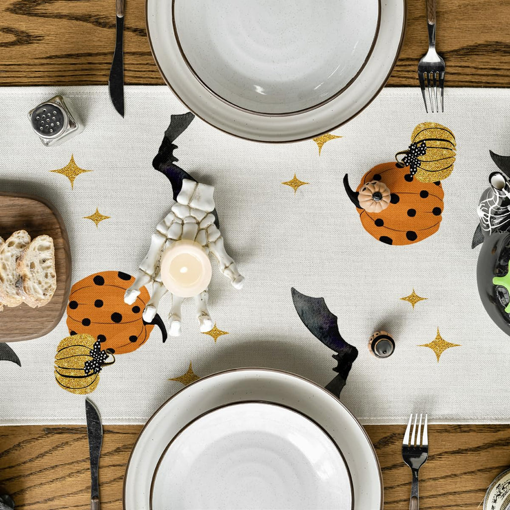 Artoid Mode Halloween Table Runner Black Cat Pumpkins Moon 13x72 Inch Beige