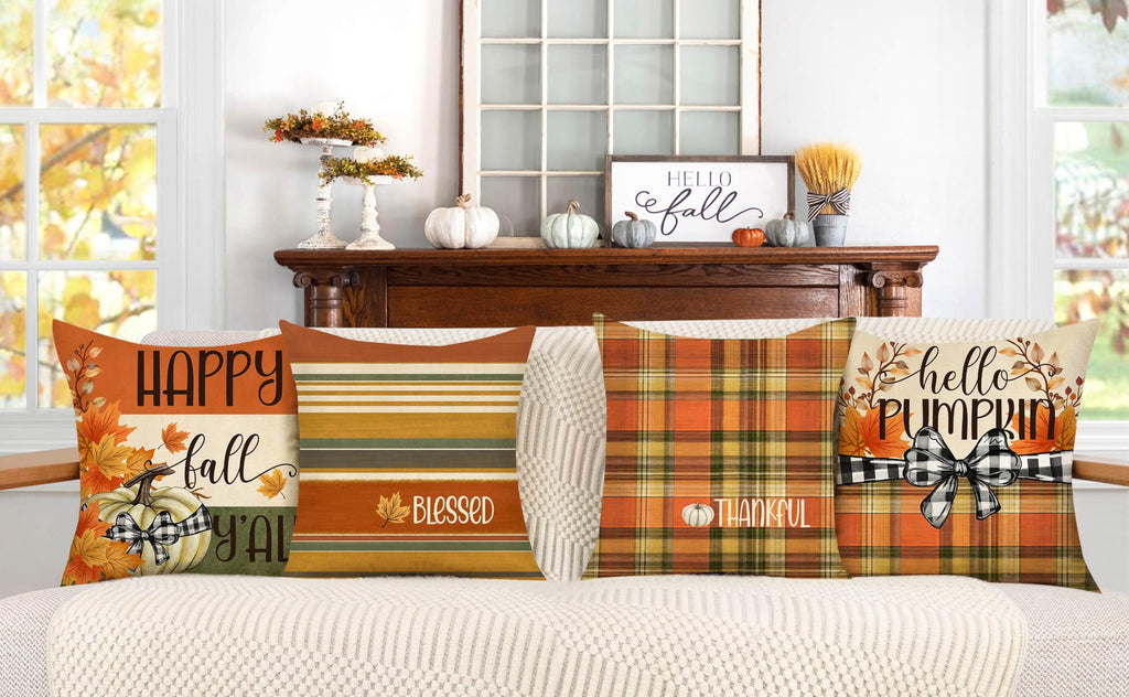 4TH Emotion Fall Pillow Covers 18x18 White Pumpkin Check Set of 4