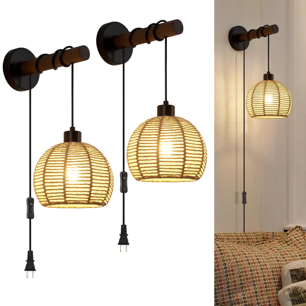 SGLfarmty Boho Rattan Plug-in Wall Sconces Set of 2 Rustic Hemp Rope