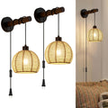 SGLfarmty Boho Rattan Plug-in Wall Sconces Set of 2 Rustic Hemp Rope